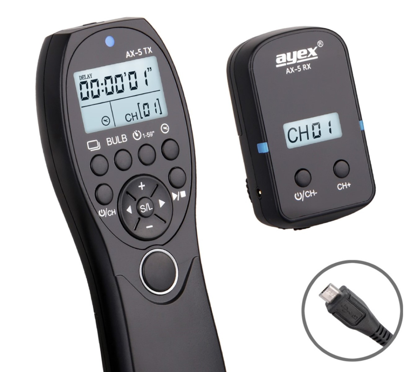 Schwarze Kamera-Fernbedienung mit LCD-Bildschirm und Tasten, mit passendem Empfänger.