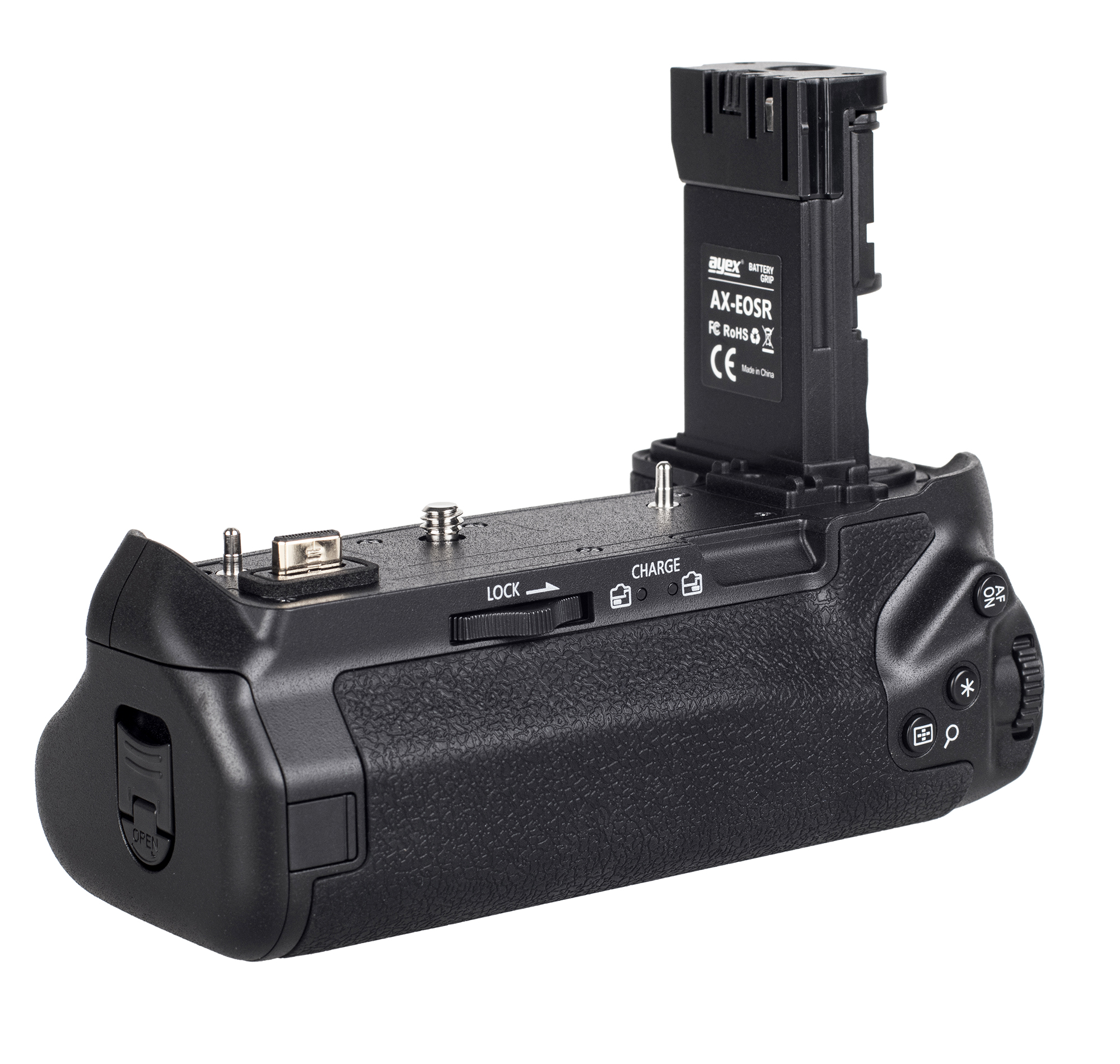 Ein schwarzer Kamerabatteriegriff mit mehreren Knöpfen und Rädern. Ein Batteriefach ist angebracht.