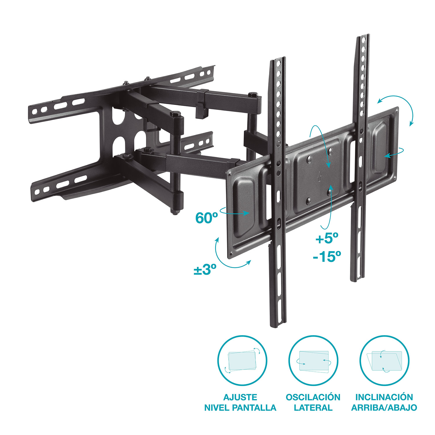 Soporte de TV negro con diagramas que muestran ajustes. El fondo es blanco.
