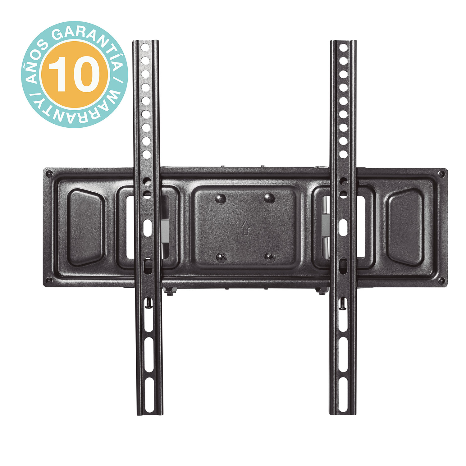 Un soporte de pared para TV negro con una etiqueta de garantía de 10 años.