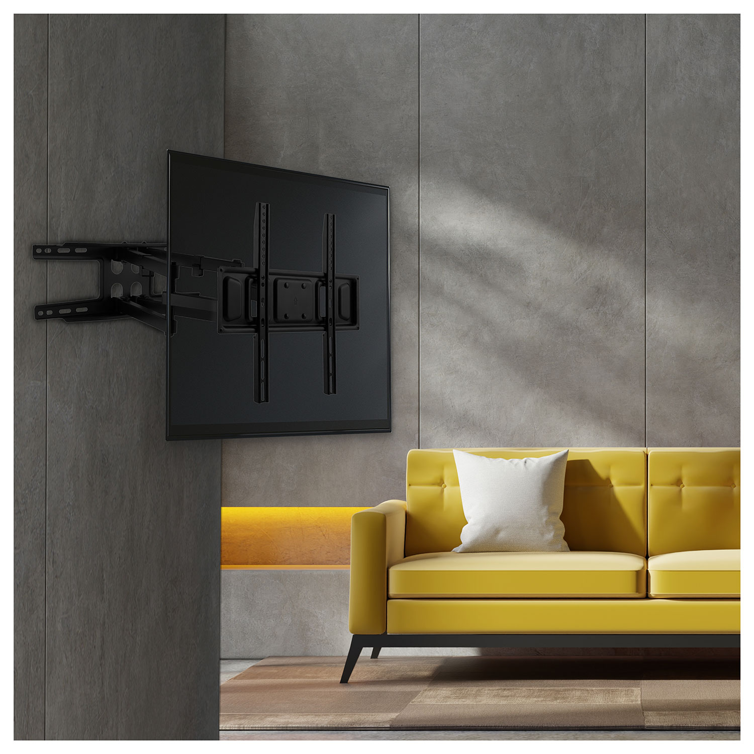 Televisor montado en la pared con un sofá amarillo delante. Diseño interior moderno.