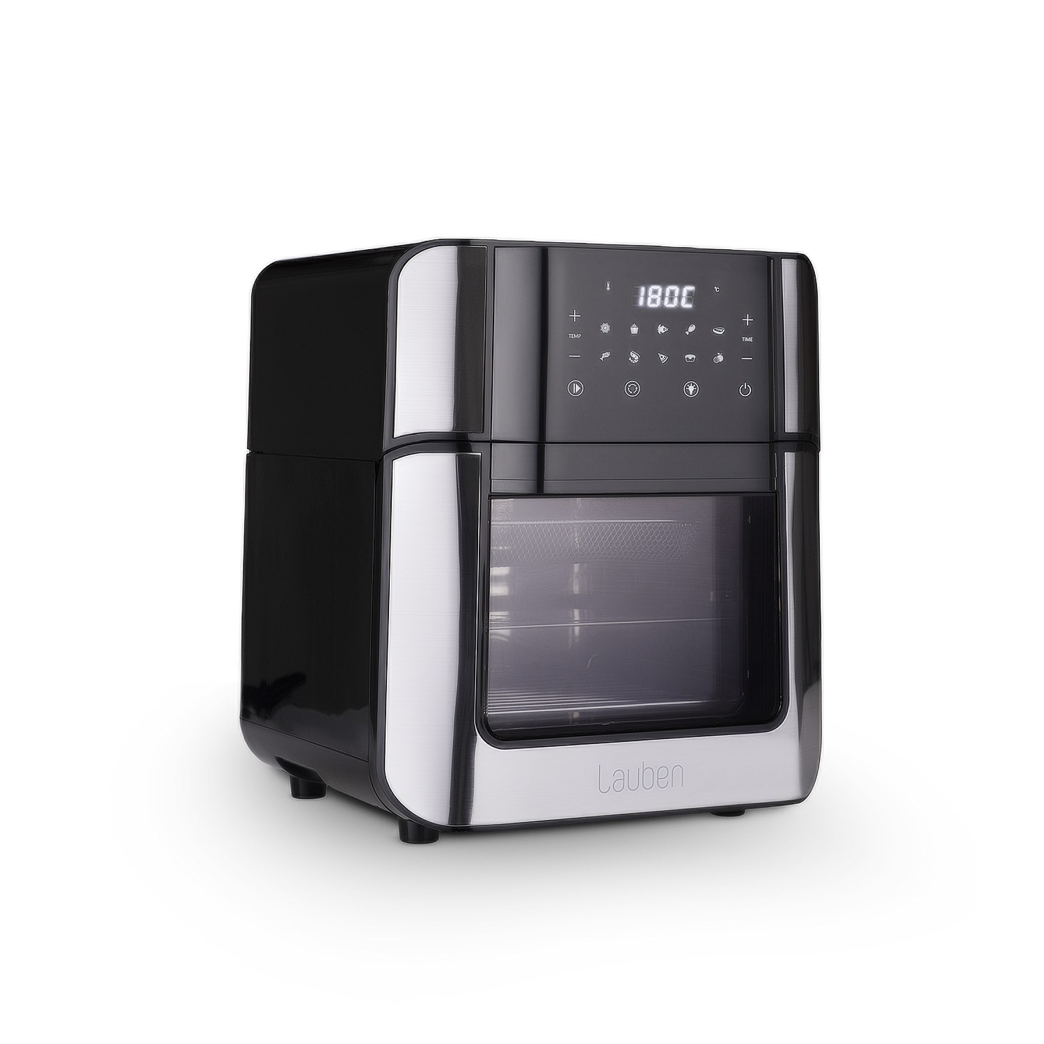 Friggitrice ad aria nera e argento con display digitale e marchio Lauben.