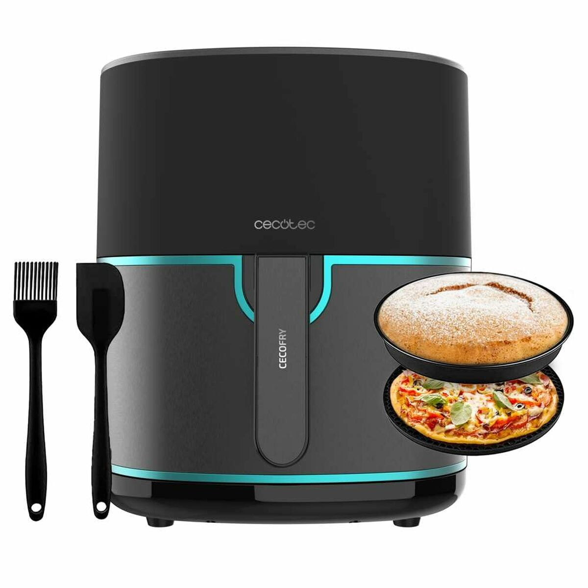 Una freidora de aire con accesorios: brocha, espátula, molde para pizza y pastel. Combinación de colores negro y azul.