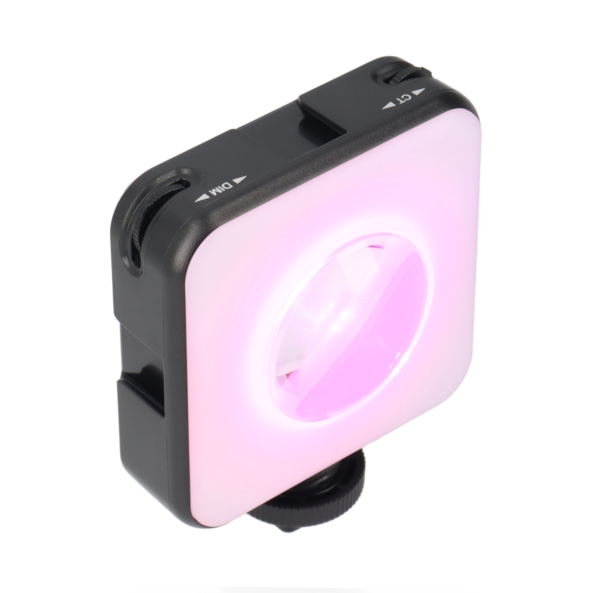 Kleines schwarzes Licht mit pinkfarbenem Leuchtpanel und Drehreglern. Hat Dim- und CT-Markierungen.