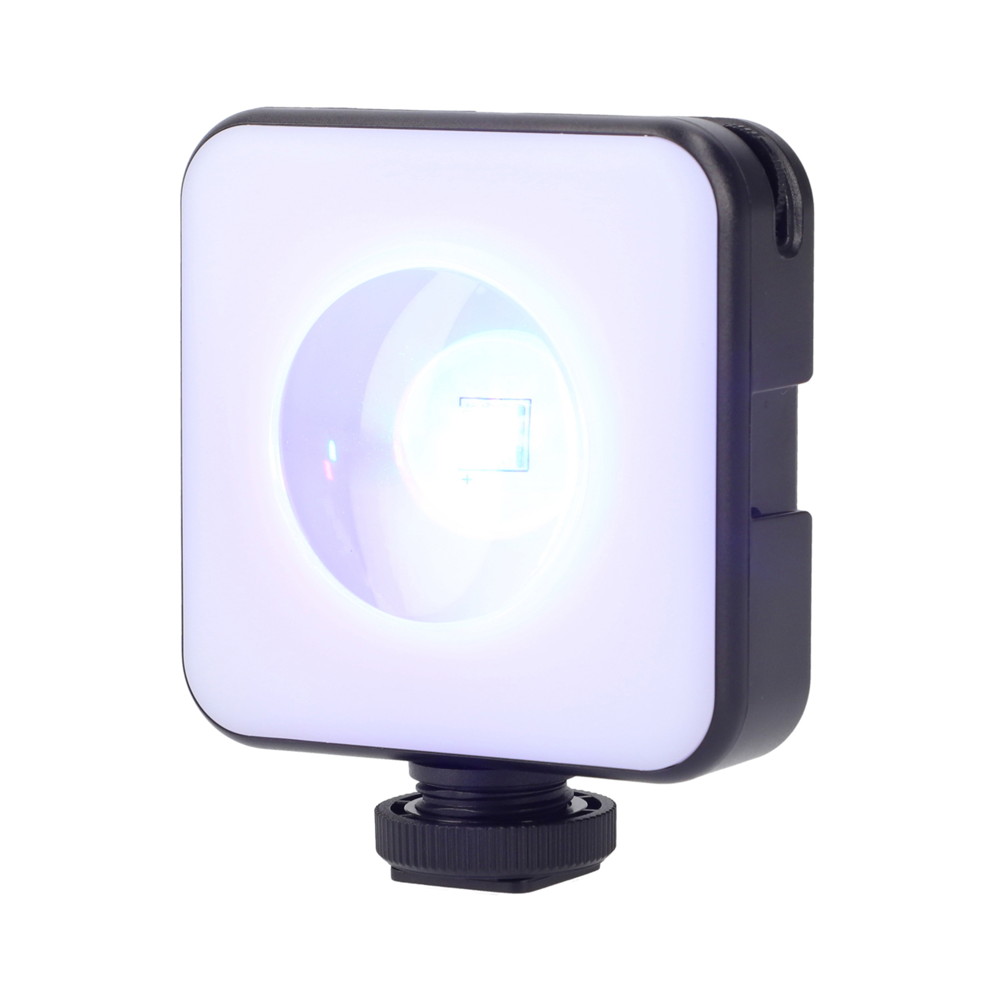 Quadratisches, weißes LED-Licht mit schwarzem Rahmen und Montagebasis. Das Licht ist an.