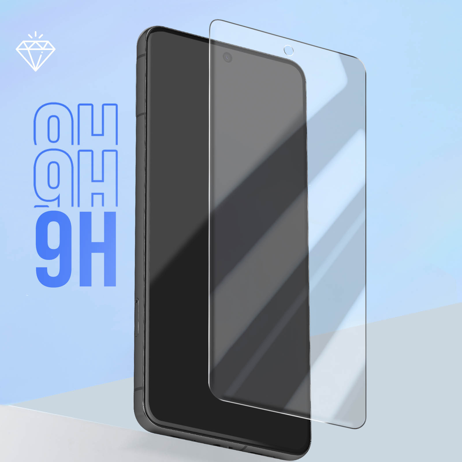 Smartphone met schermbeschermer, blauwe achtergrond, diamantpictogram.