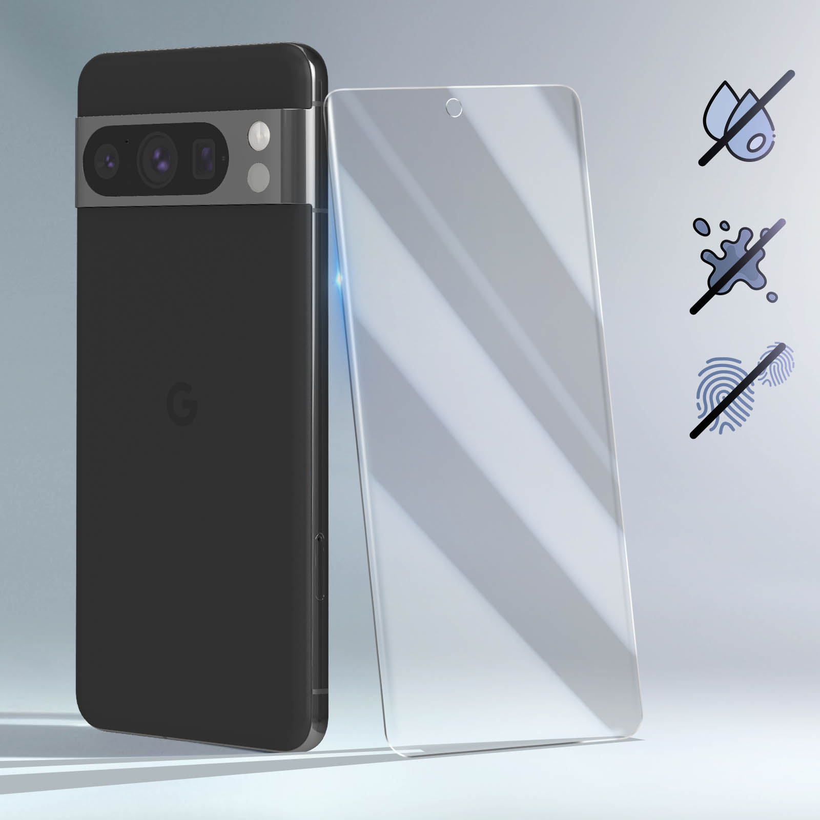 Een zwarte smartphone naast een schermbeschermer met pictogrammen die water- en vingerafdrukbestendigheid aangeven.