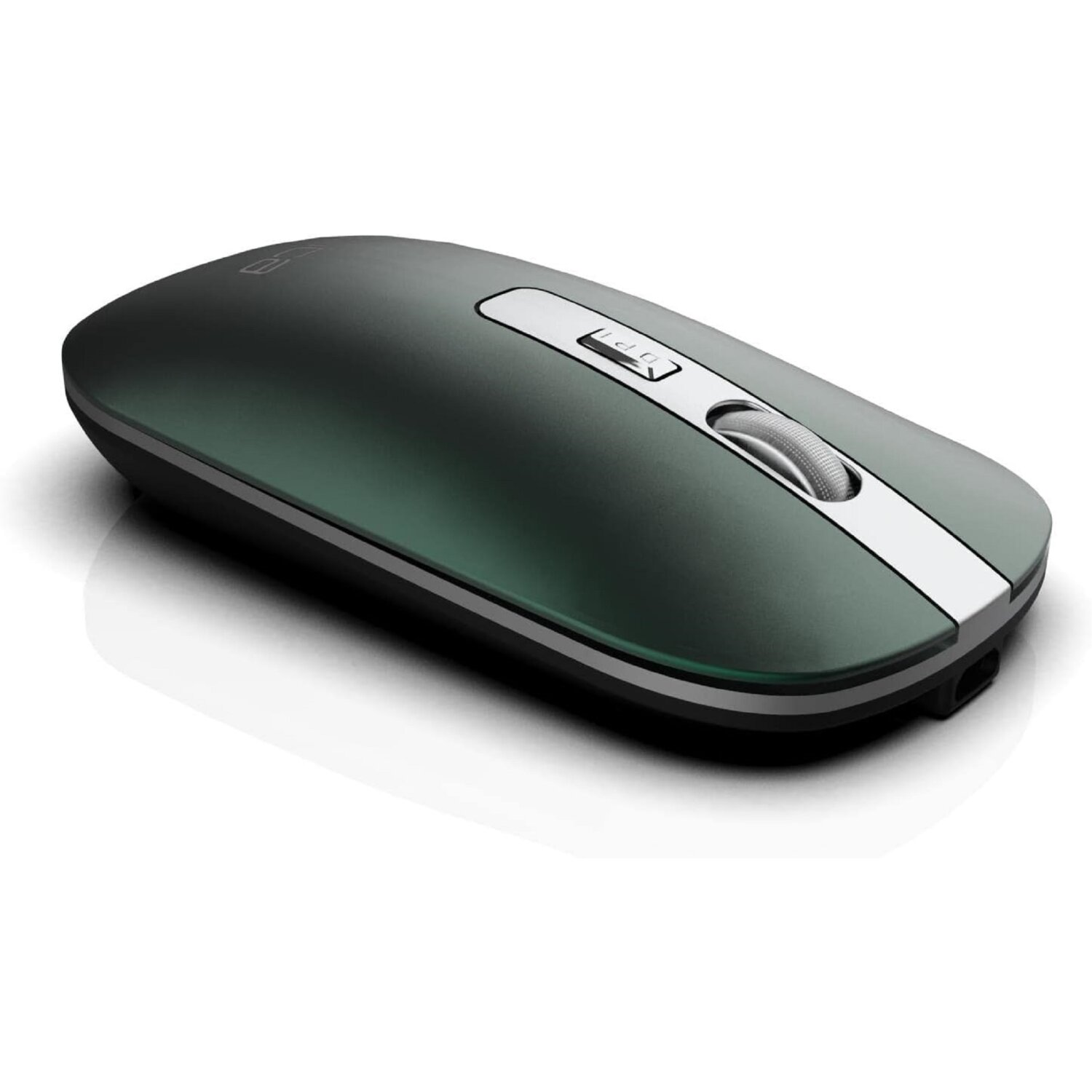 Ciemnozielona mysz komputerowa ze srebrnym kółkiem przewijania. Myszka jest na białej powierzchni.