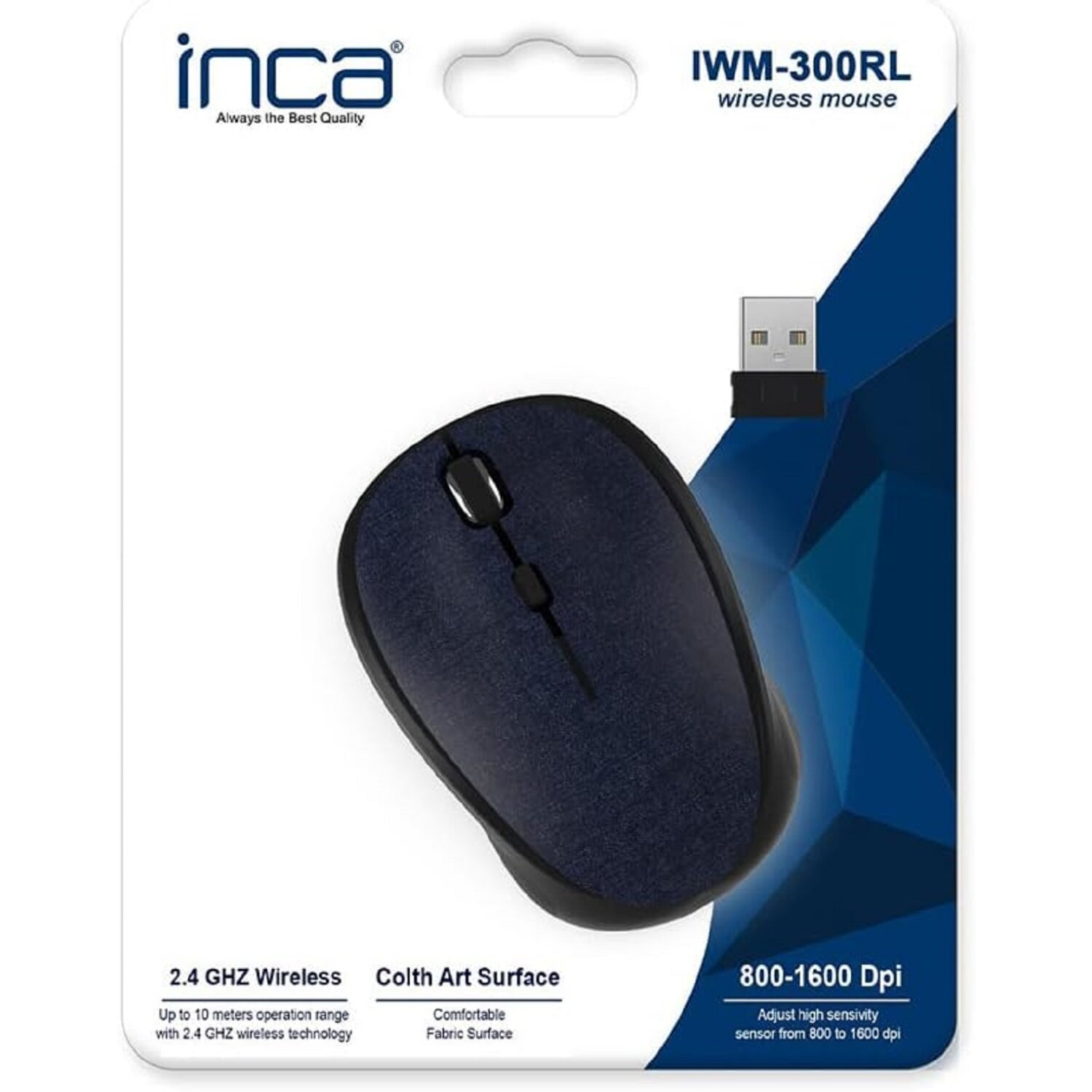 Eine blau-schwarze kabellose Maus in ihrer Verpackung, mit einem USB-Empfänger.