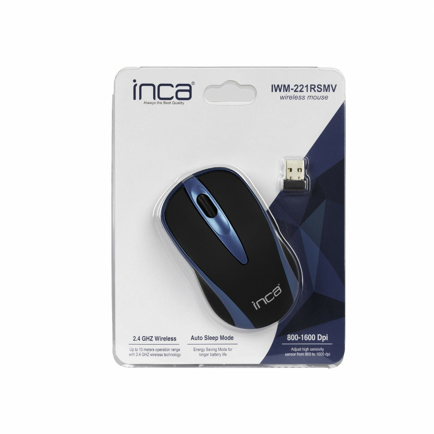 Eine kabellose Maus in einer Verpackung mit USB-Empfänger, mit blauem und schwarzem Design.