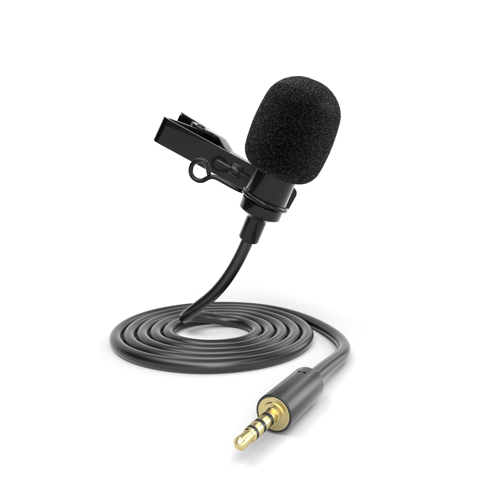 Ein schwarzes Lavalier-Mikrofon mit Schaumstoffhülle, Kabel und einem goldfarbenen Stecker.