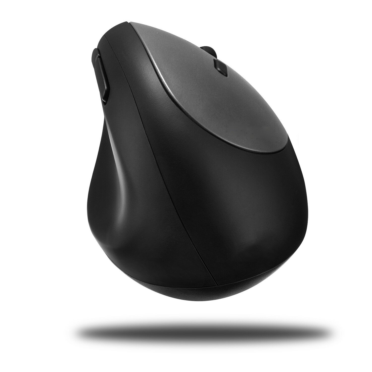 Souris ergonomique noire et grise avec molette, flottant au-dessus d'une ombre.