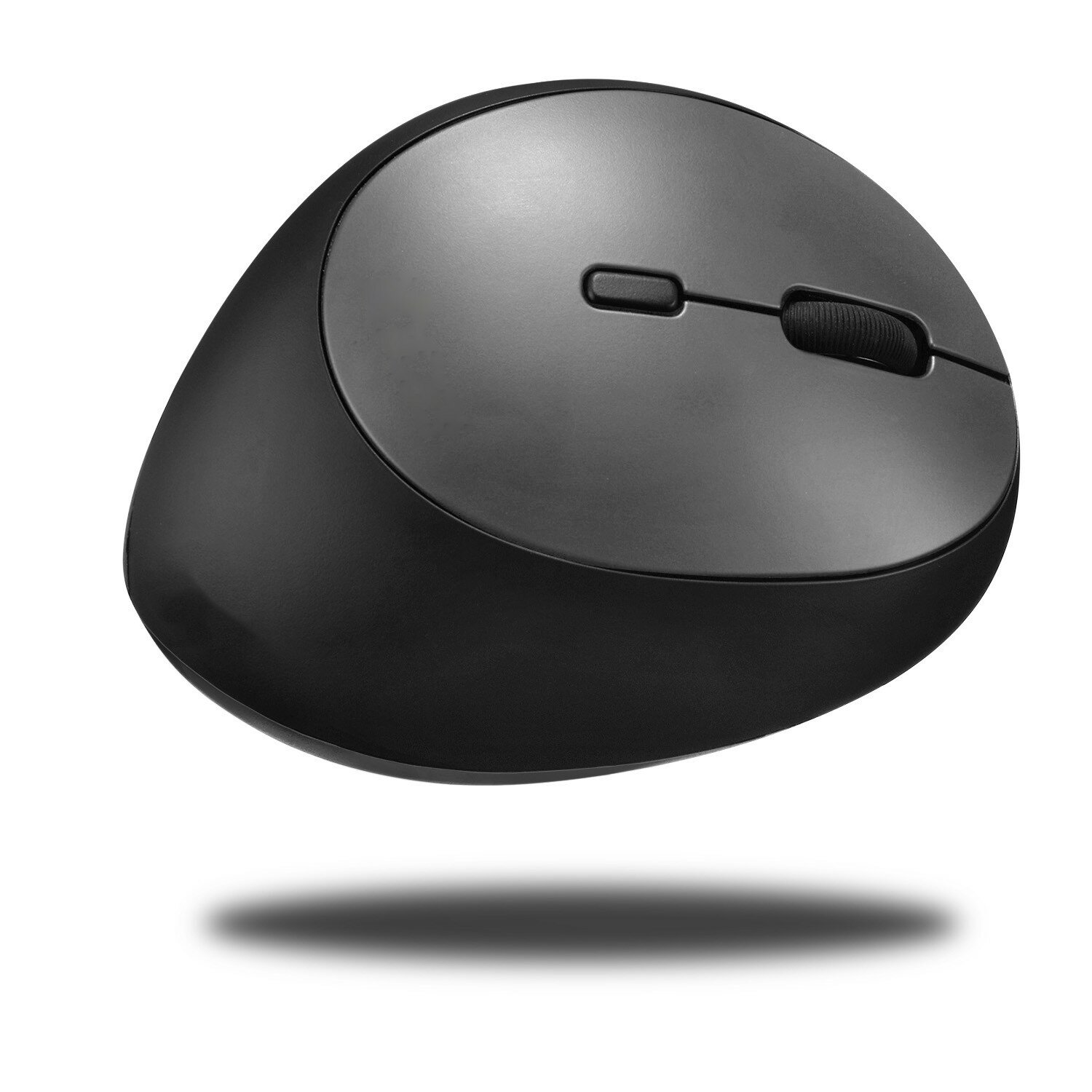 Souris ergonomique noire avec deux boutons et une molette, ombre en dessous.