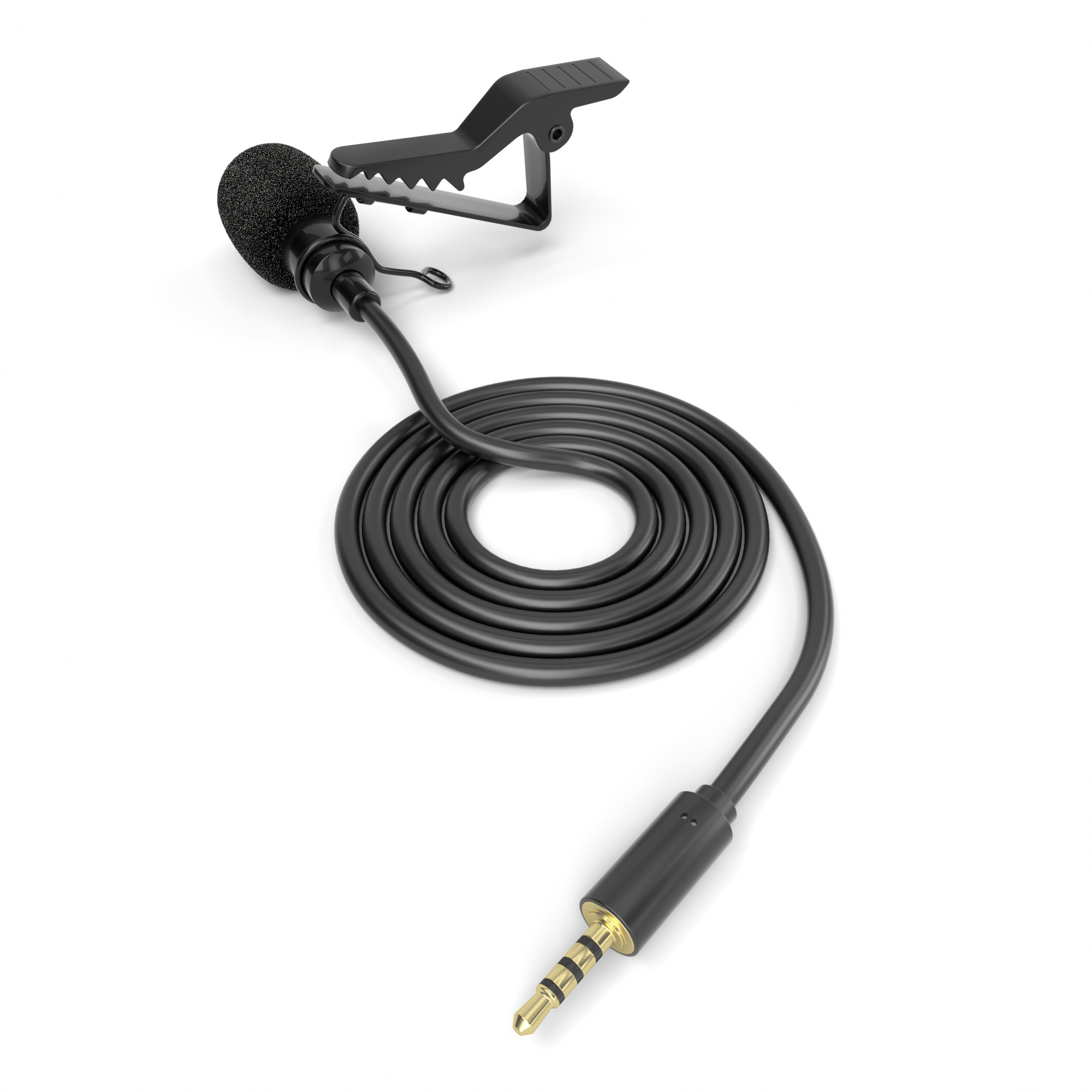 Ein schwarzes Mikrofon mit Clip und Kabel. Das Kabel hat am Ende einen Stecker.