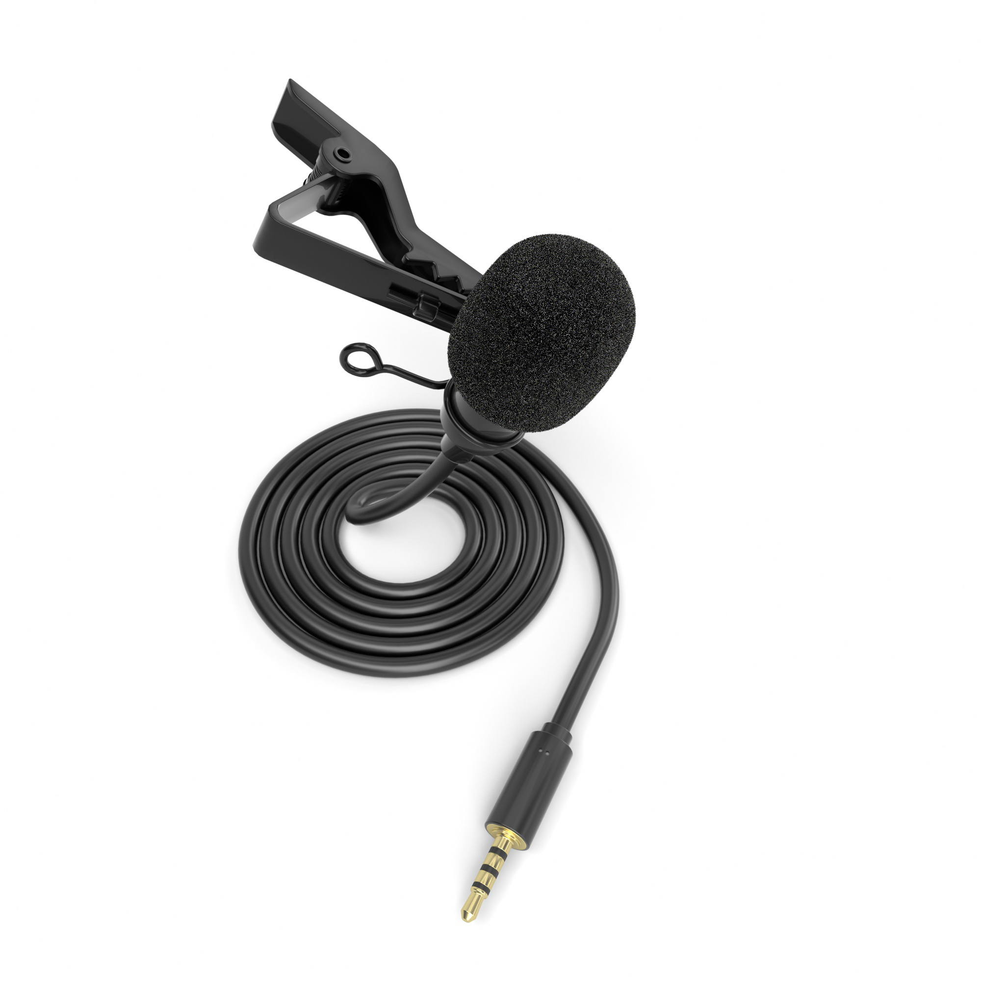 Ein schwarzes Lavalier-Mikrofon mit Clip und gewendeltem Draht, der in einem Stecker endet, weißer Hintergrund.