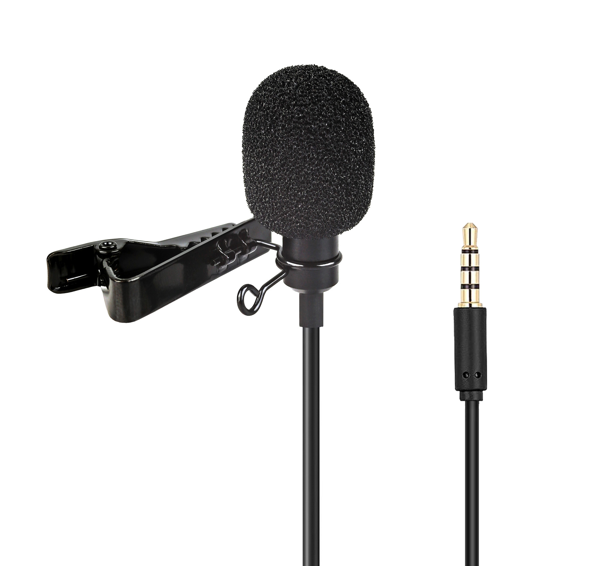 Ein schwarzes Lavalier-Mikrofon mit Schaumstoff-Windschutz, Clip und 3,5-mm-Klinke auf Weiß.