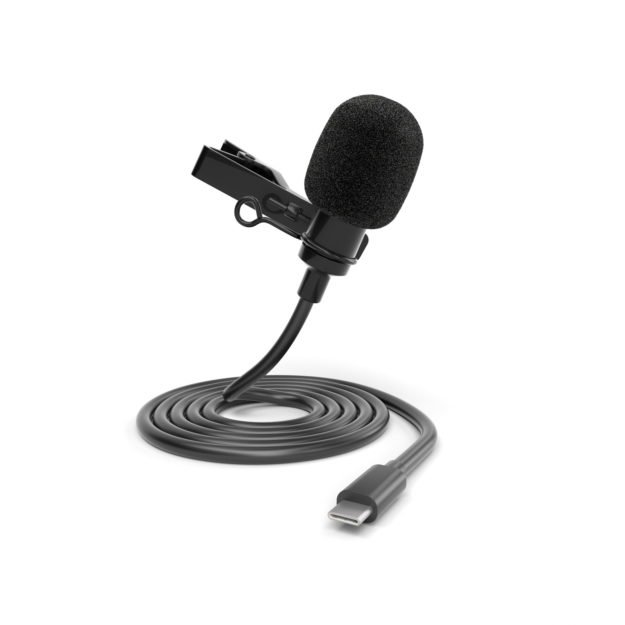 Schwarzes Ansteckmikrofon mit Schaumstoffhülle und USB-C-Kabel. Das Kabel ist aufgerollt.