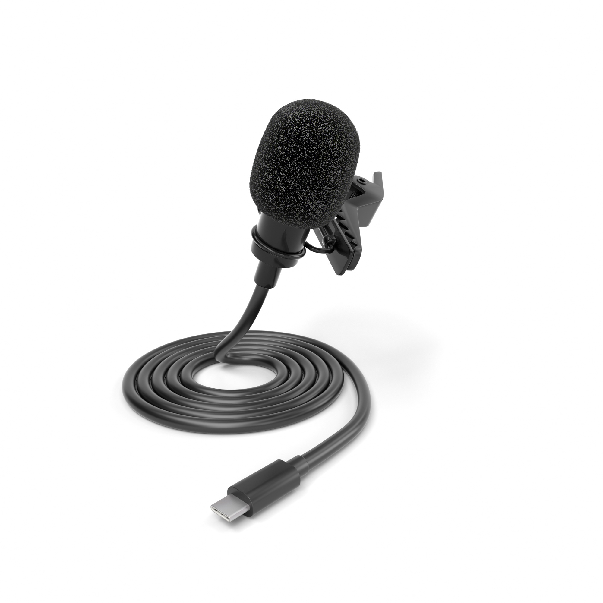 Schwarzes Mikrofon mit Schaumstoffabdeckung. Kabel und USB-C-Anschluss. Weißer Hintergrund.