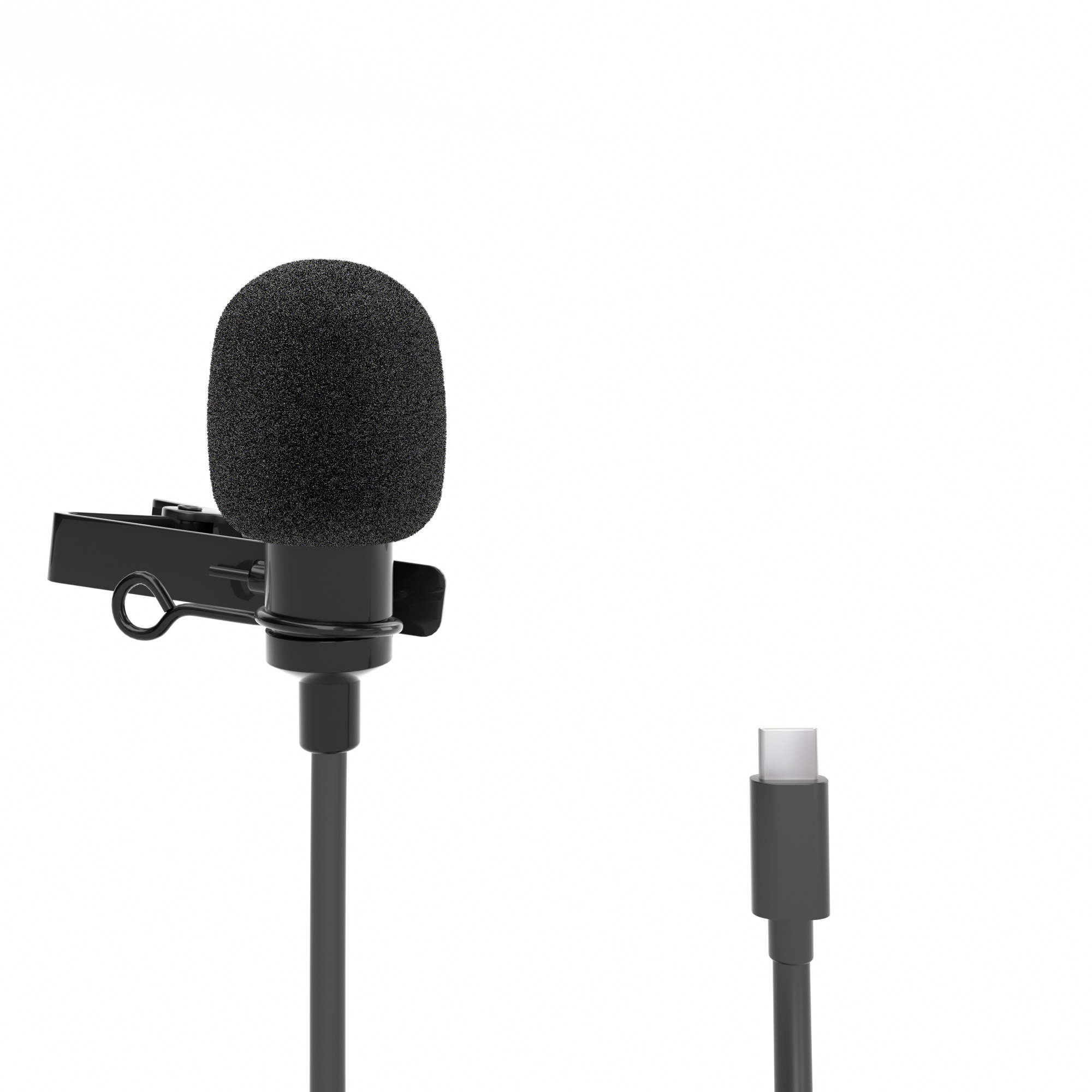 Schwarzes Lavalier-Mikrofon mit USB-C-Anschluss und Clip.