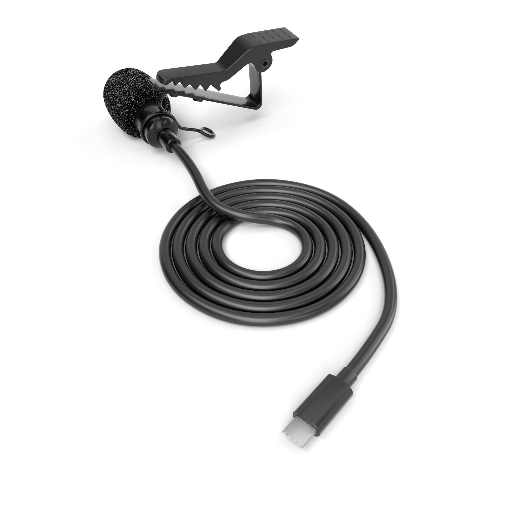 Schwarzes Ansteckmikrofon mit Clip und Kabel, das in einem USB-C-Anschluss endet. Weißer Hintergrund.