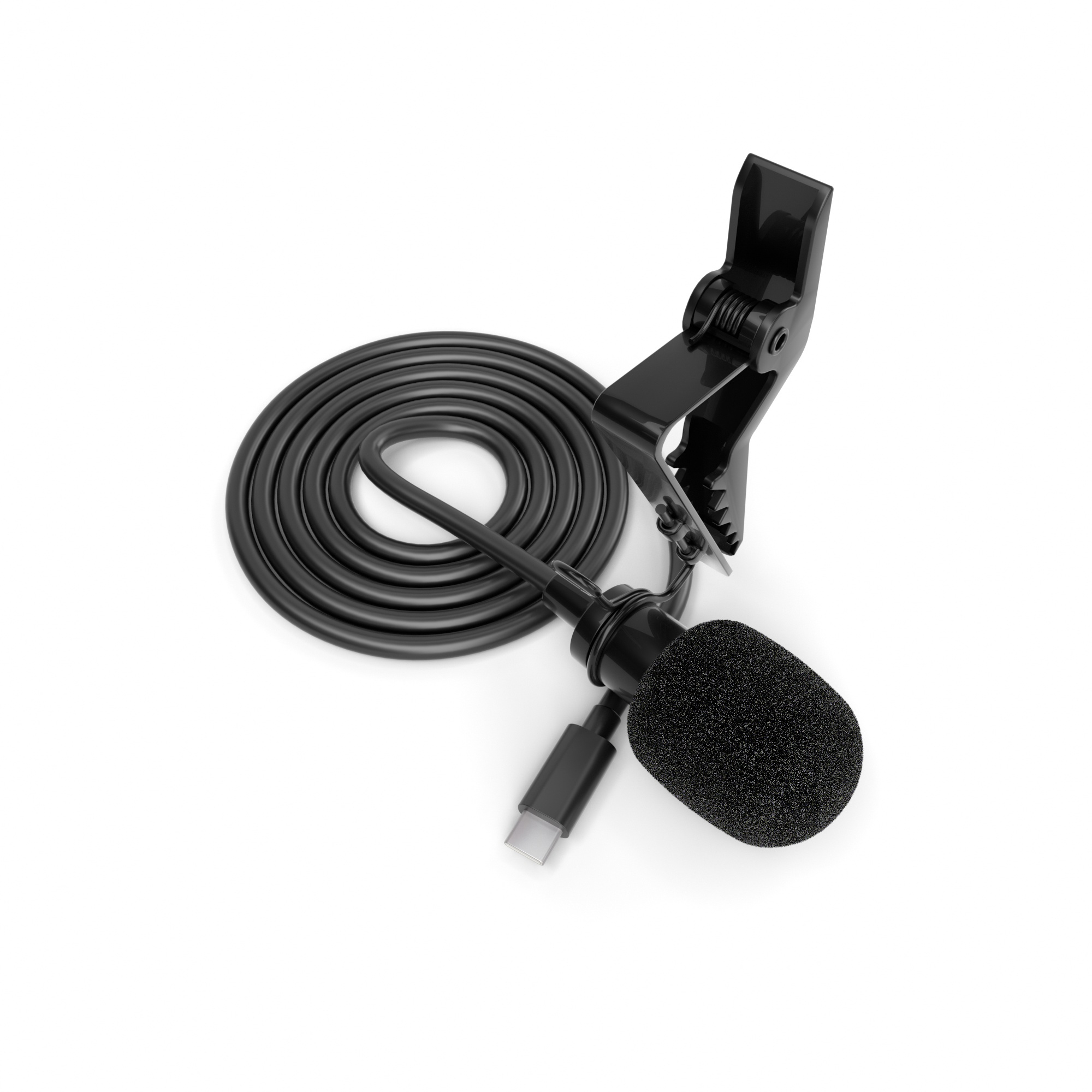 Ein schwarzes Mikrofon mit Clip, verbunden mit einem aufgerollten schwarzen Draht und einem USB-C-Anschluss.