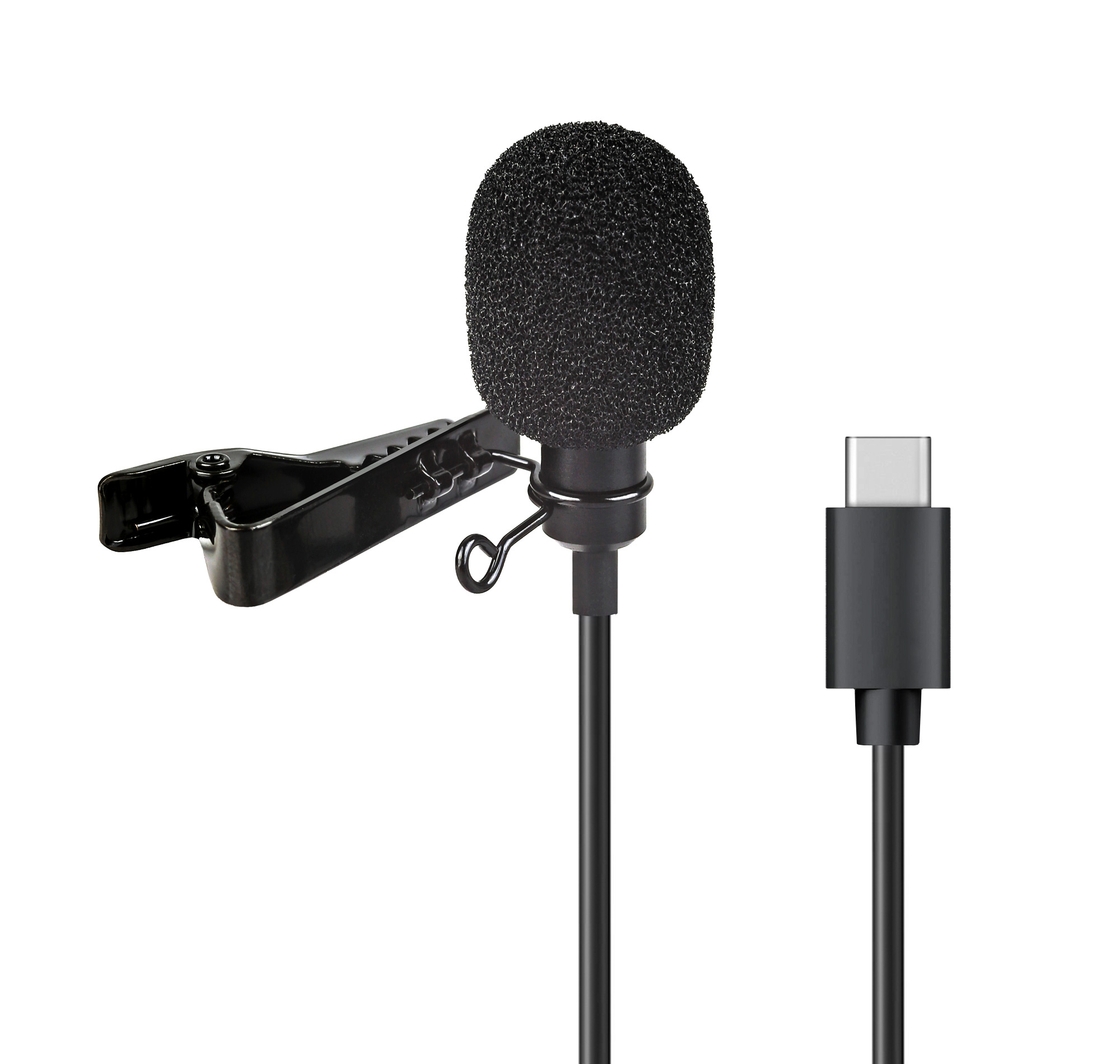 Ein schwarzes Mikrofon mit Clip und USB-C-Anschluss, isoliert auf Weiß.