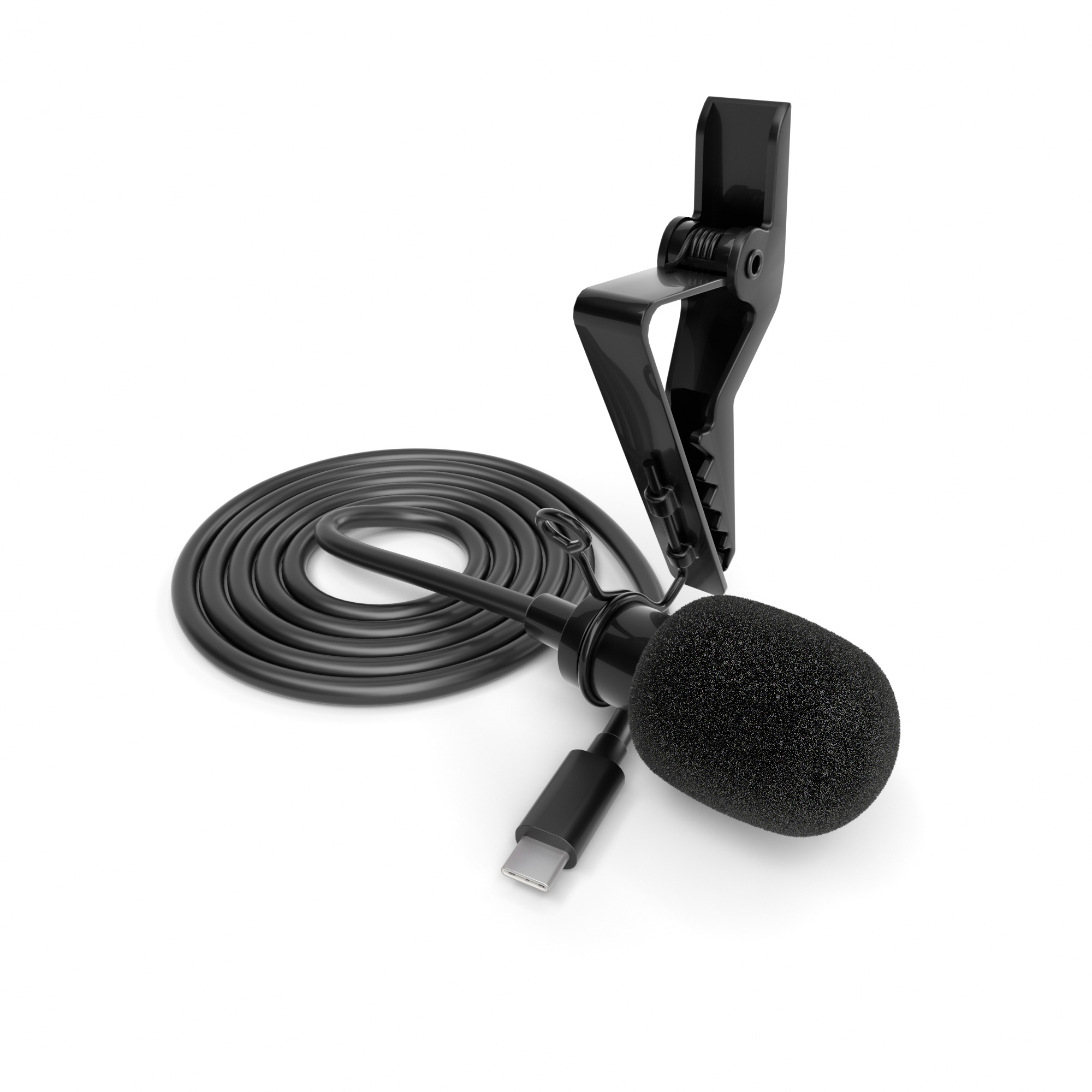 Schwarzes Reversmikrofon mit Schaumstoffhülle und USB-C-Anschluss.