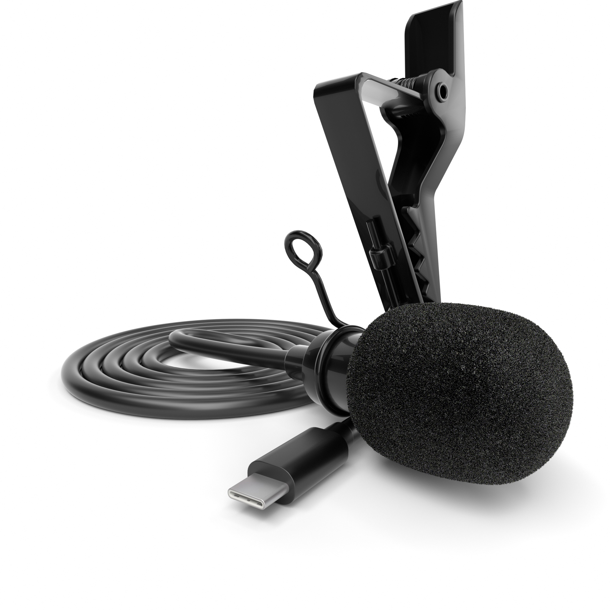 Ein schwarzes Mikrofon mit Clip und USB-C-Anschluss. Das Mikrofon hat eine schwarze Schaumstoffabdeckung.