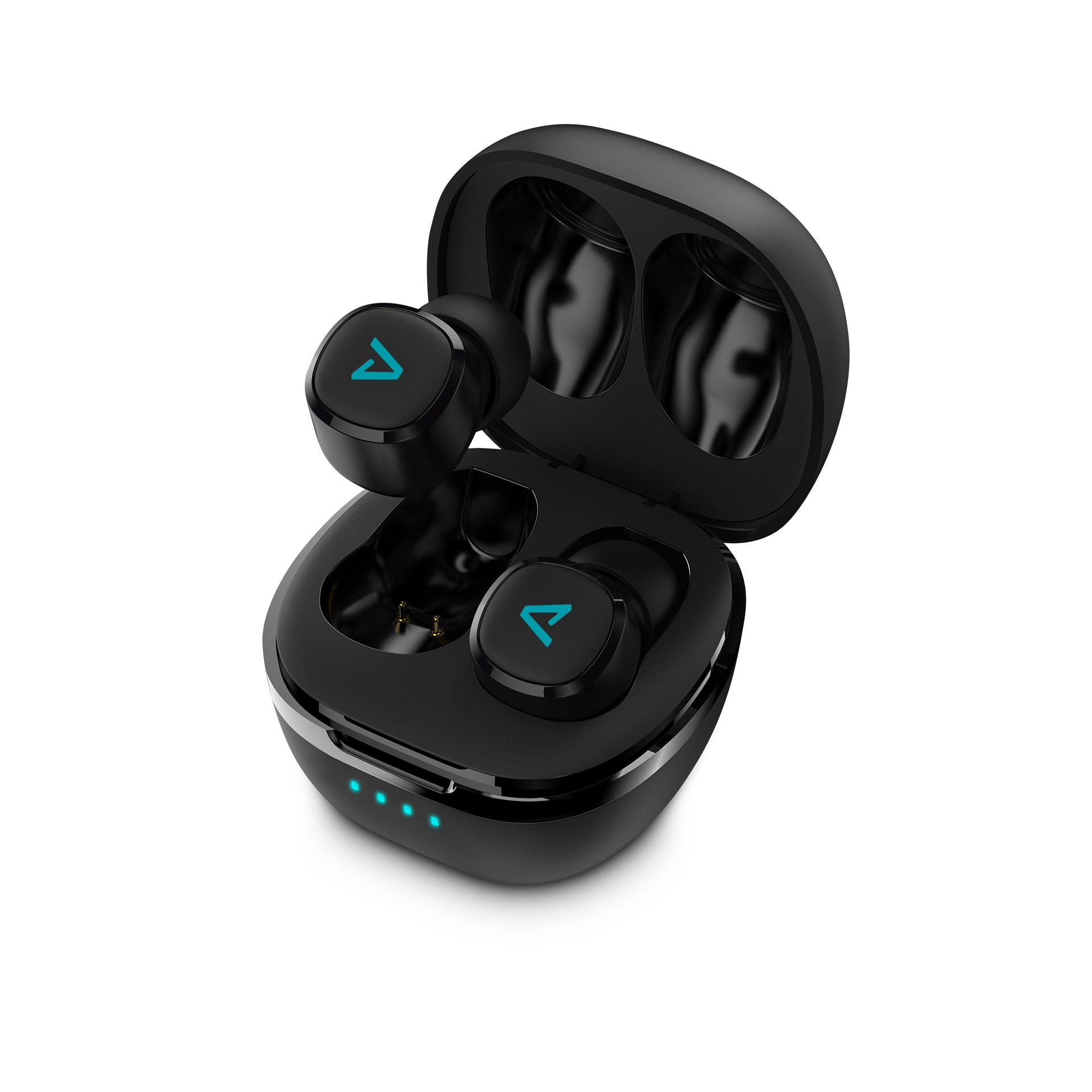 Auricolari wireless neri in un custodia di ricarica. Luci indicatrici blu accese.