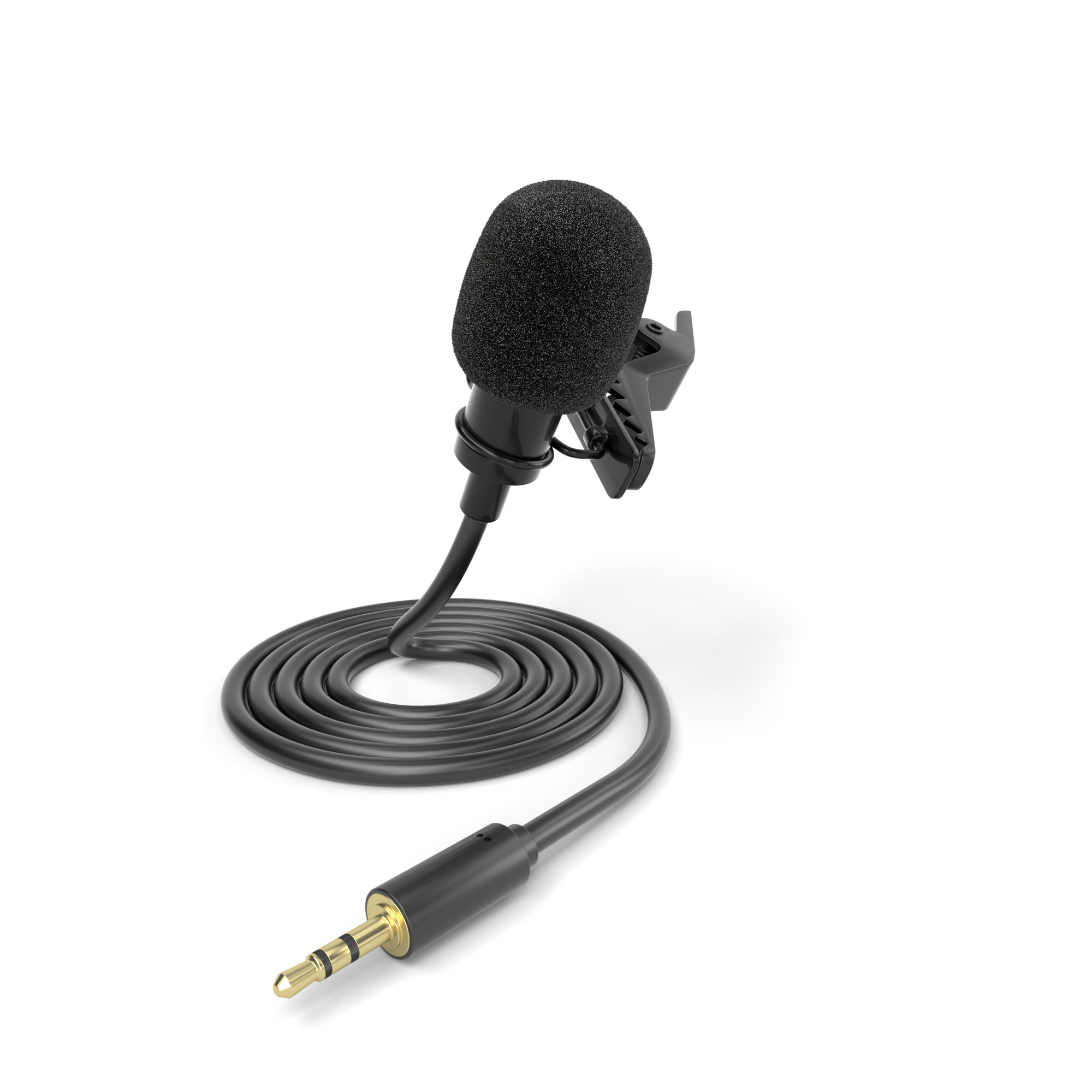 Schwarzes Mikrofon mit Schaumstoffabdeckung und Kabel.