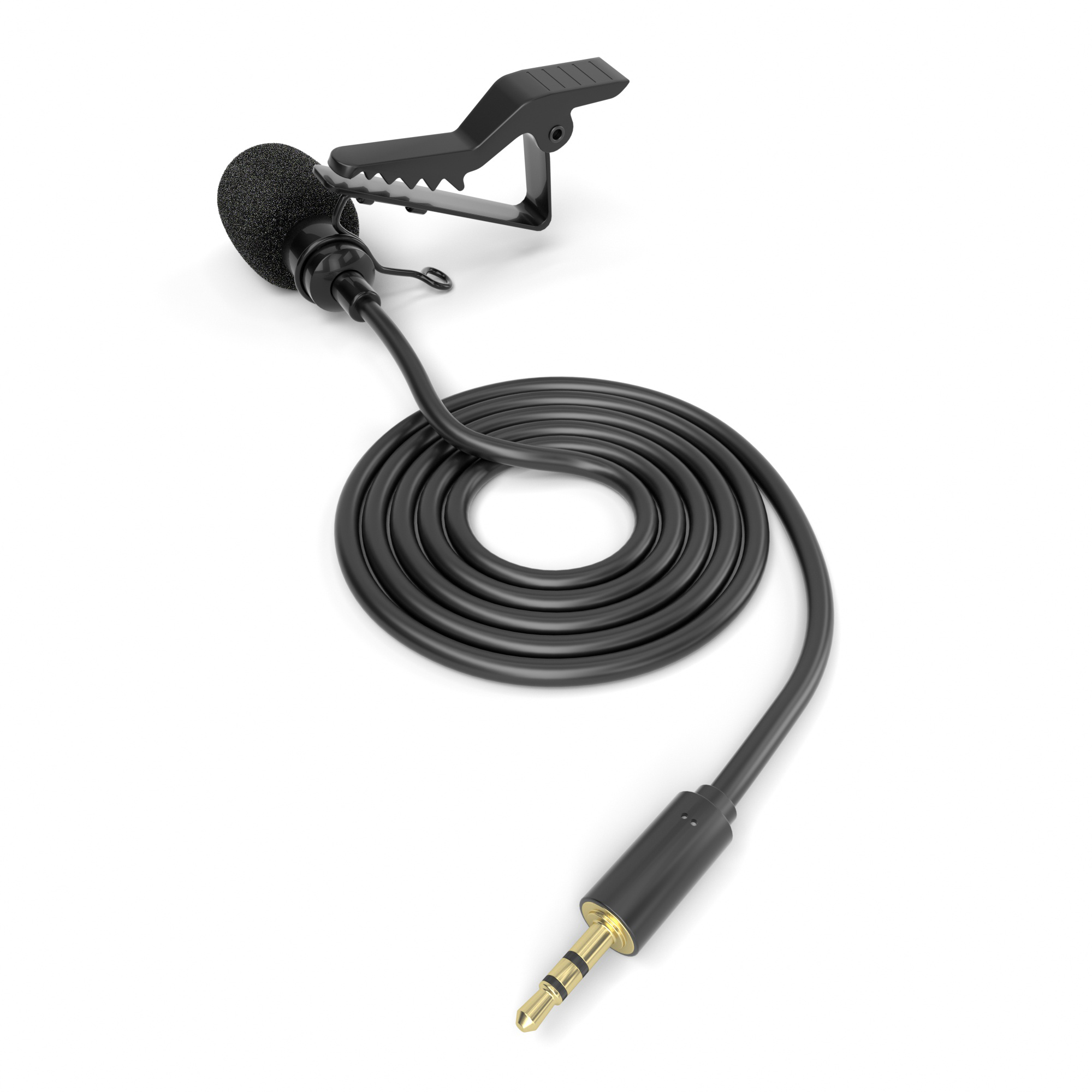 Ein schwarzes Lavalier-Mikrofon mit Clip und Kabel, das mit einem vergoldeten Audioanschluss verbunden ist.