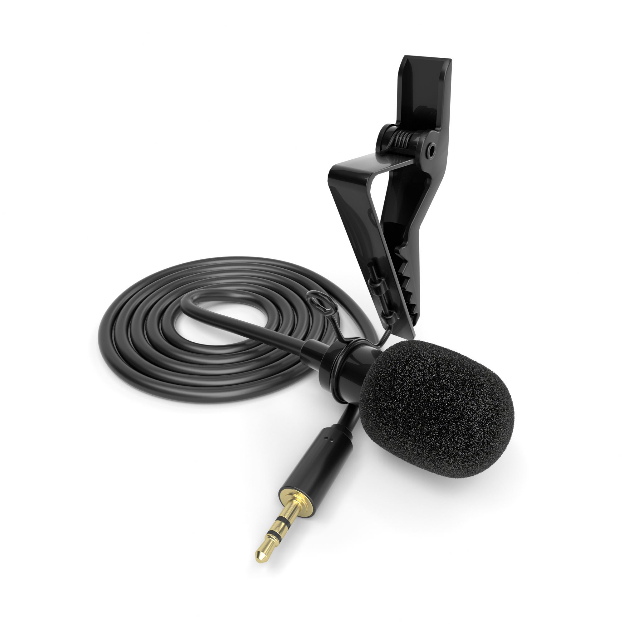 Schwarzes Lavalier-Mikrofon mit Clip und gewickeltem Kabel. Ein goldfarbener Stecker ist sichtbar. Weißer Hintergrund.