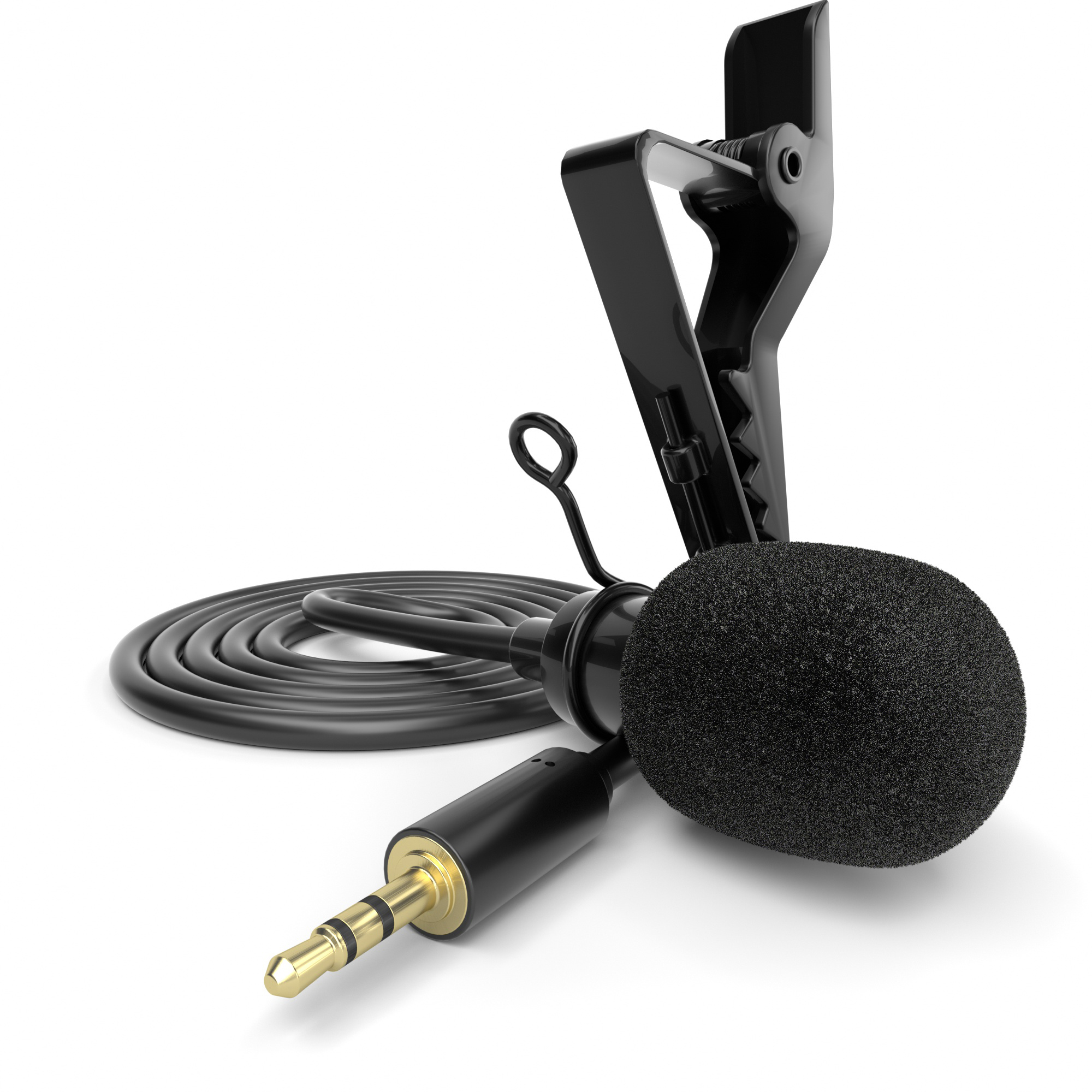 Schwarzes Lavalier-Mikrofon mit Schaumstoffabdeckung, Clip und Klinkenstecker. Kabel gerollt.