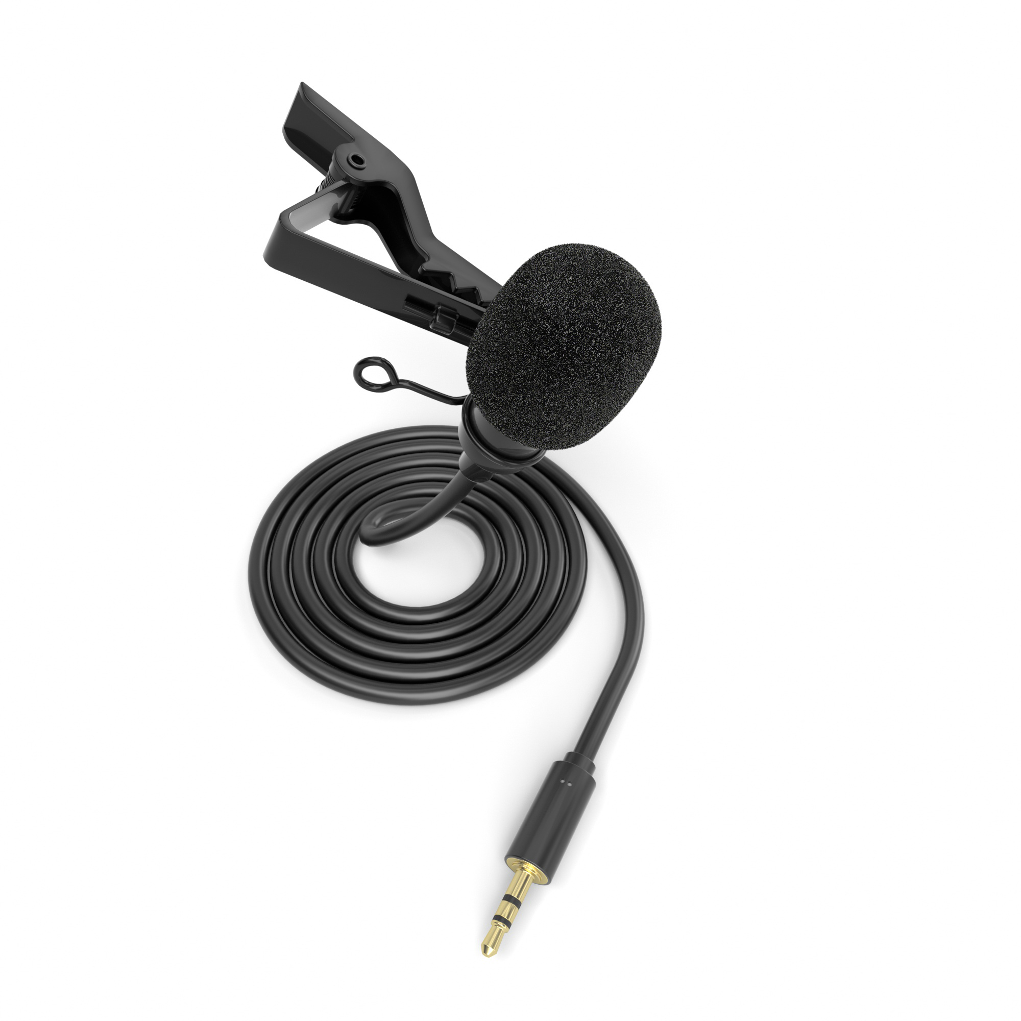 Ein schwarzes Reversmikrofon mit gewickeltem Kabel und 3,5-mm-Klinke. Weißer Hintergrund.