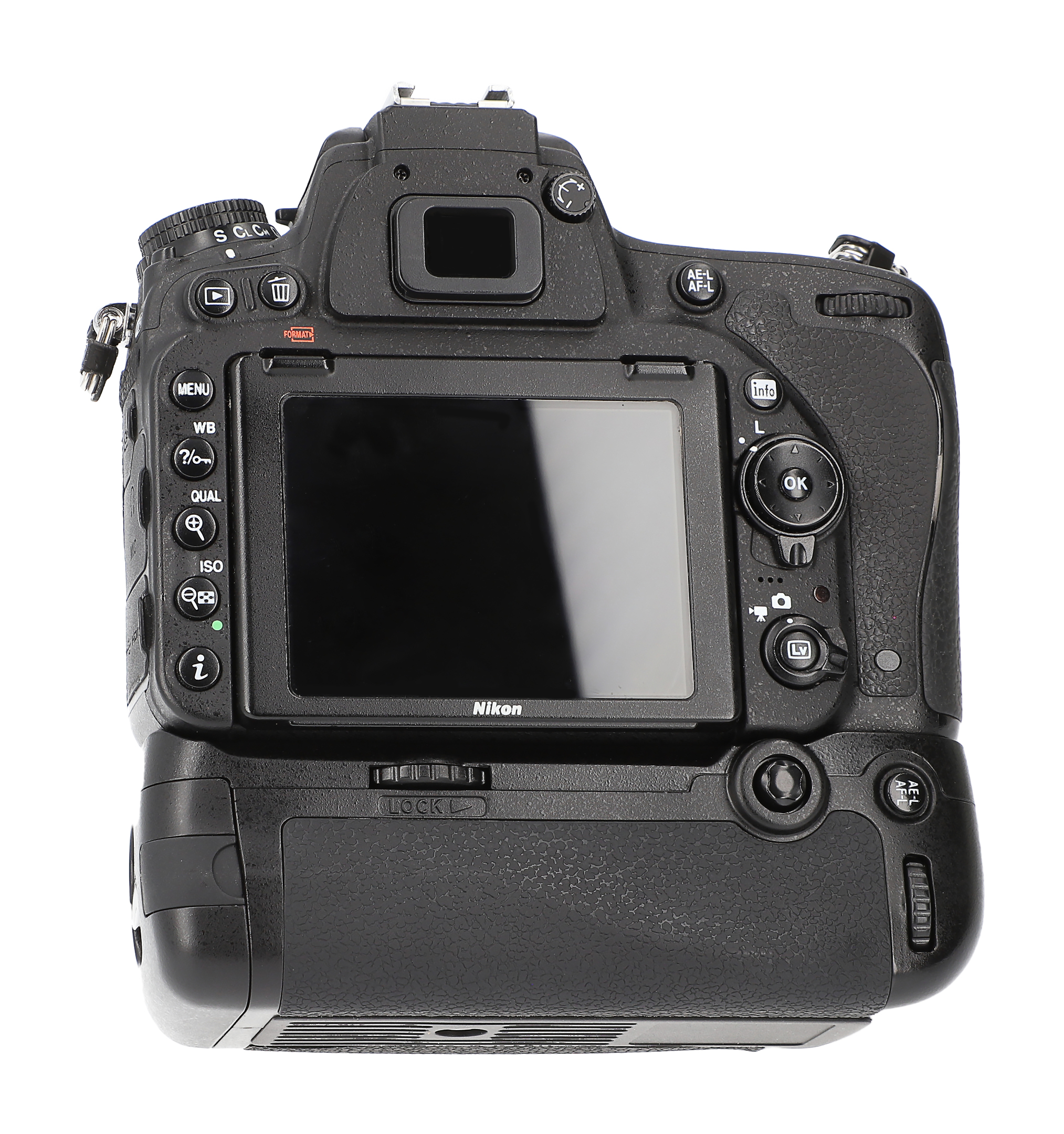 Rückansicht einer schwarzen Nikon DSLR-Kamera, mit Bildschirm, Knöpfen und Akkugriff.