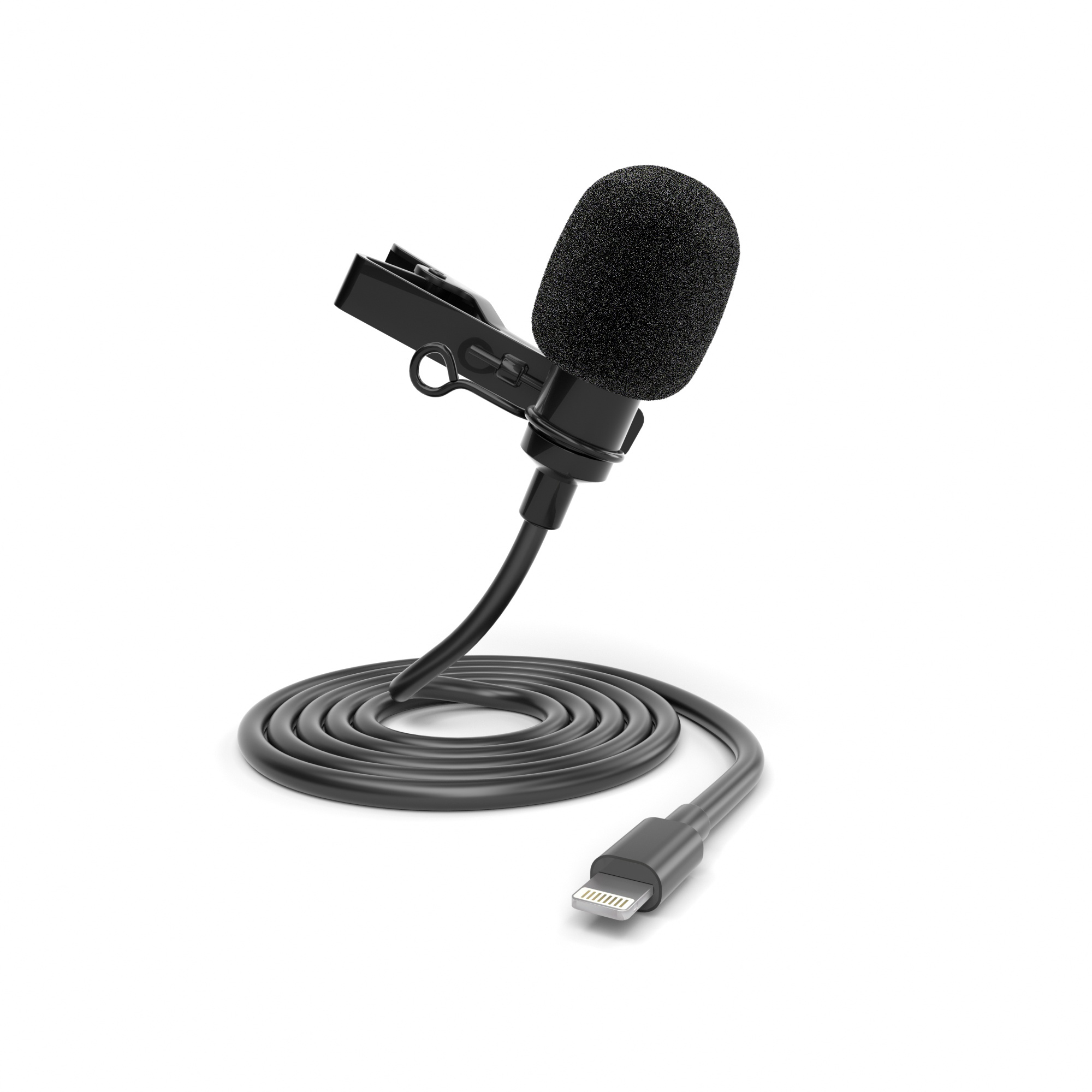 Schwarzes Ansteckmikrofon mit Schaumstoffabdeckung und Kabel mit Lightning-Anschluss.