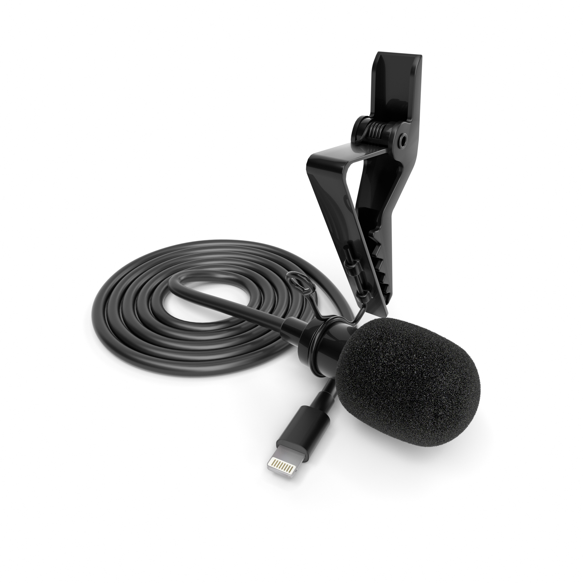 Schwarzes Lavalier-Mikrofon mit Schaumstoffabdeckung, Clip und Kabel vor weißem Hintergrund.