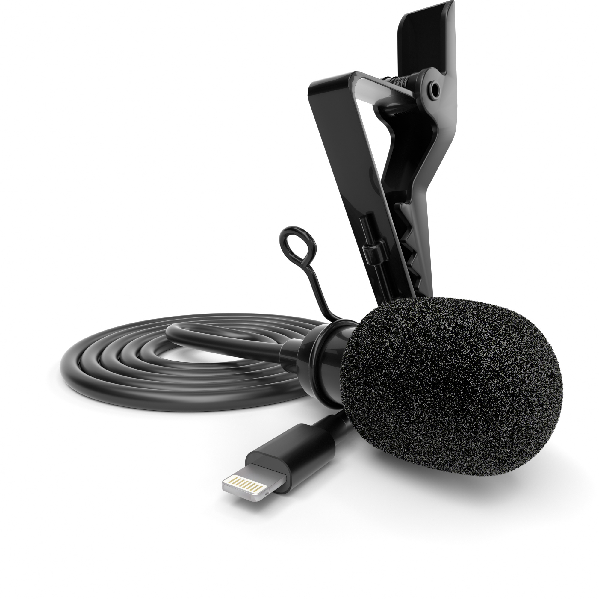 Ein schwarzes Mikrofon mit Schaumstoffabdeckung und Lightning-Anschluss. Ein aufgerolltes schwarzes Kabel und Clip.