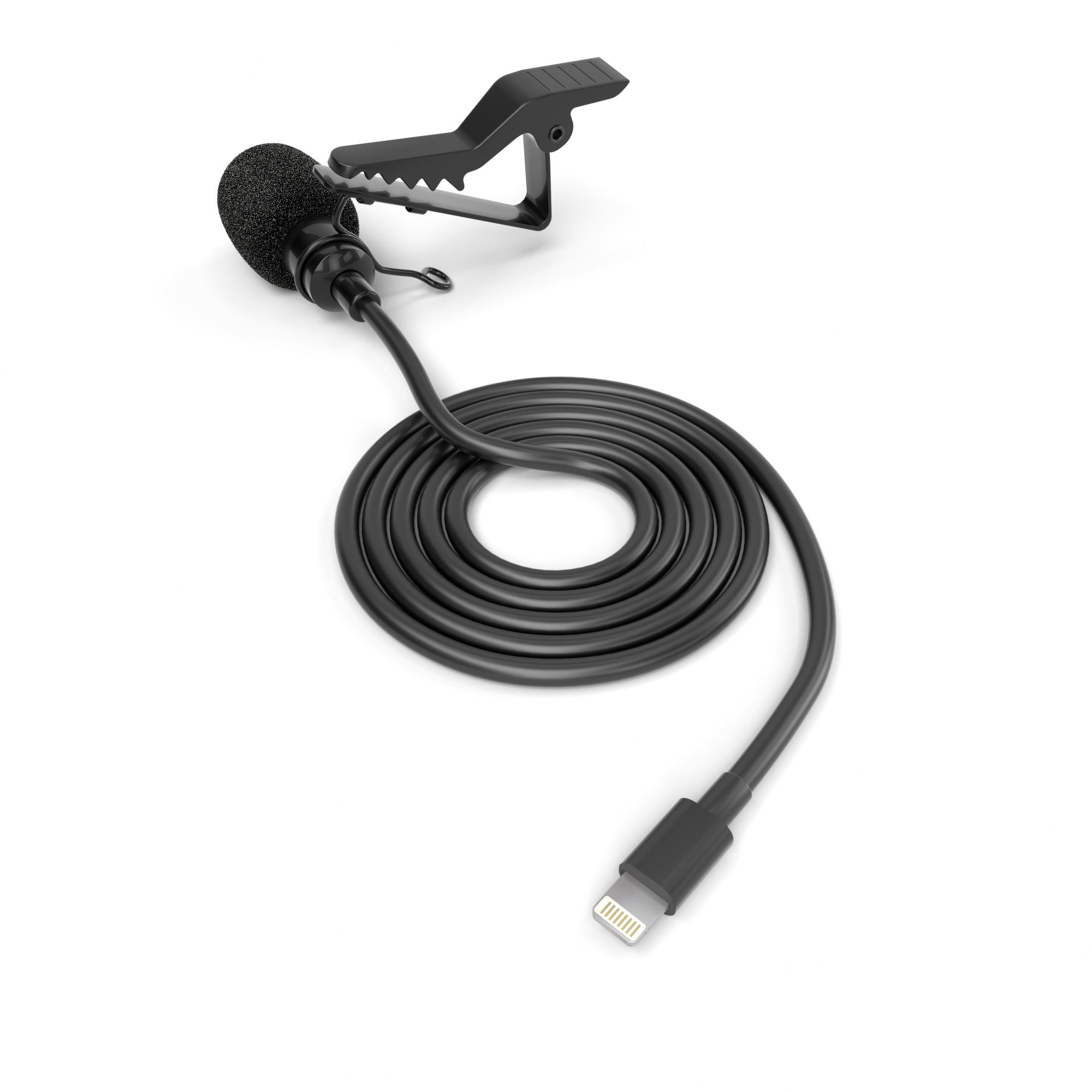 Ein schwarzes Mikrofon mit Clip und Kabel, das in einem Lightning-Anschluss endet, einsatzbereit.