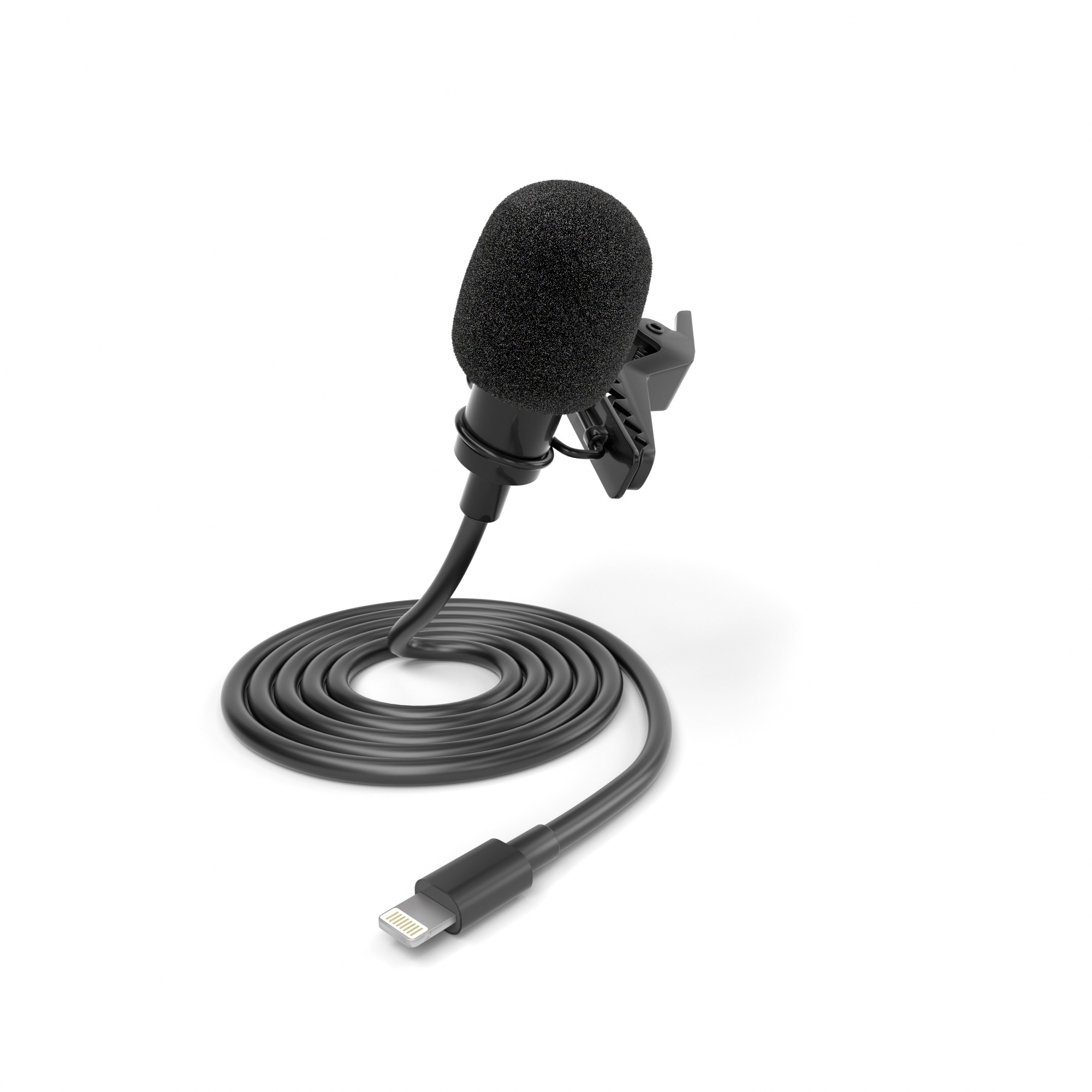 Schwarzes Mikrofon mit Schaumstoffhülle, Kabel endet in Lightning-Anschluss.