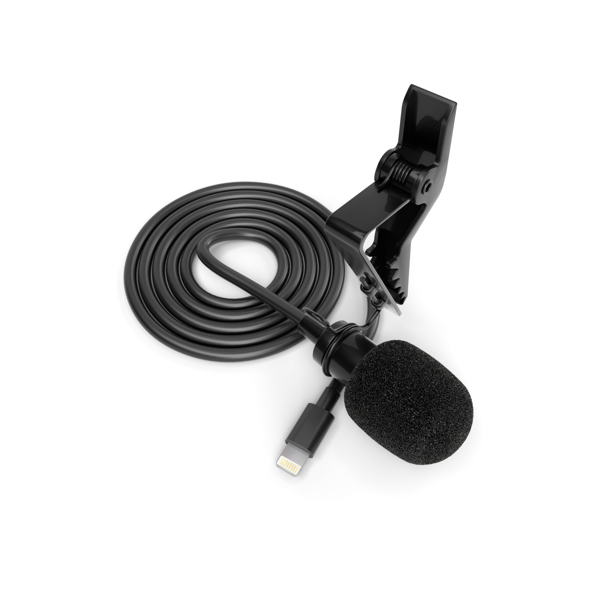 Ein schwarzes Ansteckmikrofon mit Kabel und iPhone-Anschluss, isoliert auf weißem Hintergrund.