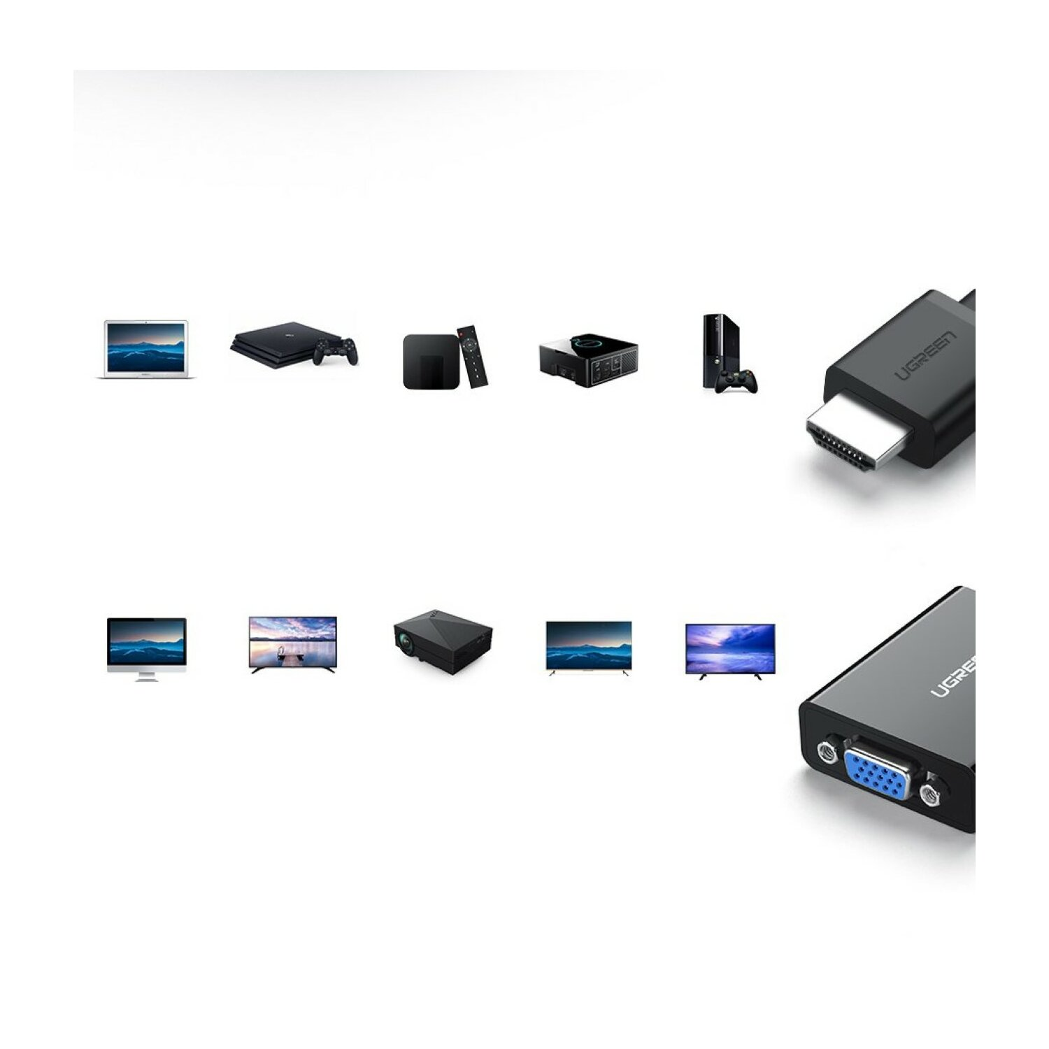 Asortyment urządzeń elektronicznych i adapter HDMI na VGA.
