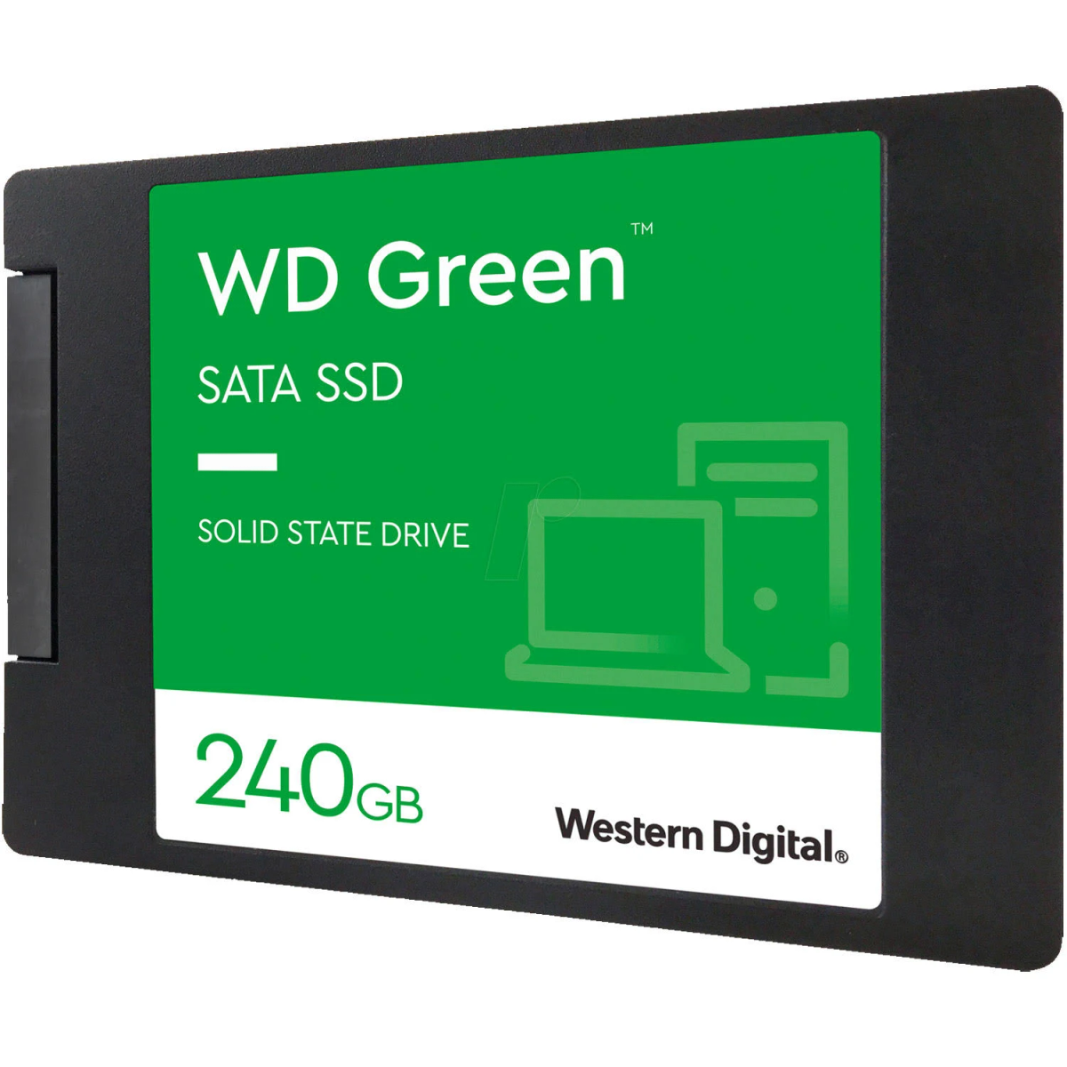 WD Green 240 GB SATA SSD z zieloną etykietą i grafiką komputera.
