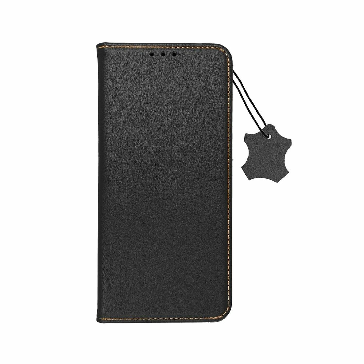 Custodia per telefono in pelle nera con etichetta in pelle appesa. Cuciture e bordi dorati. Design semplice.
