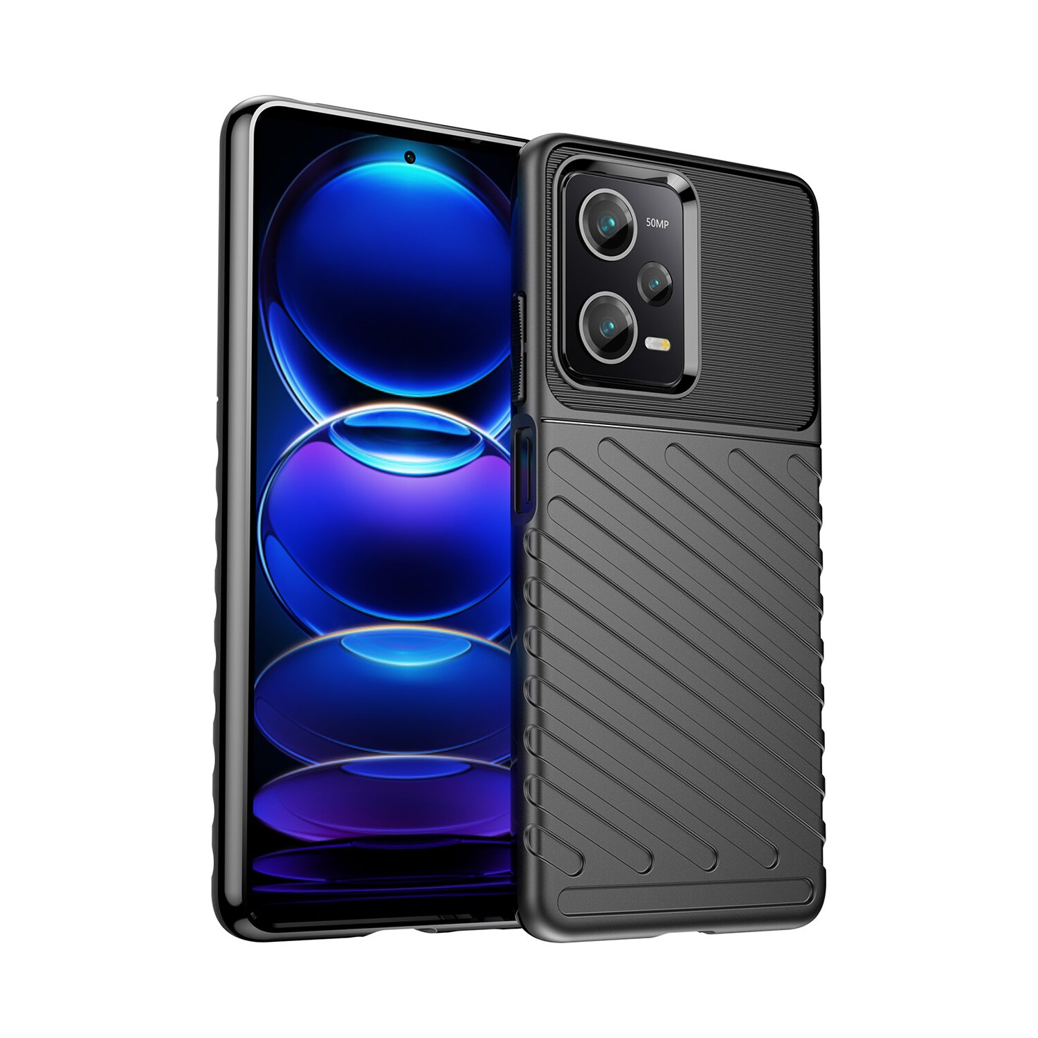 Custodia nera con telefono dentro, con design bump fotocamera.
