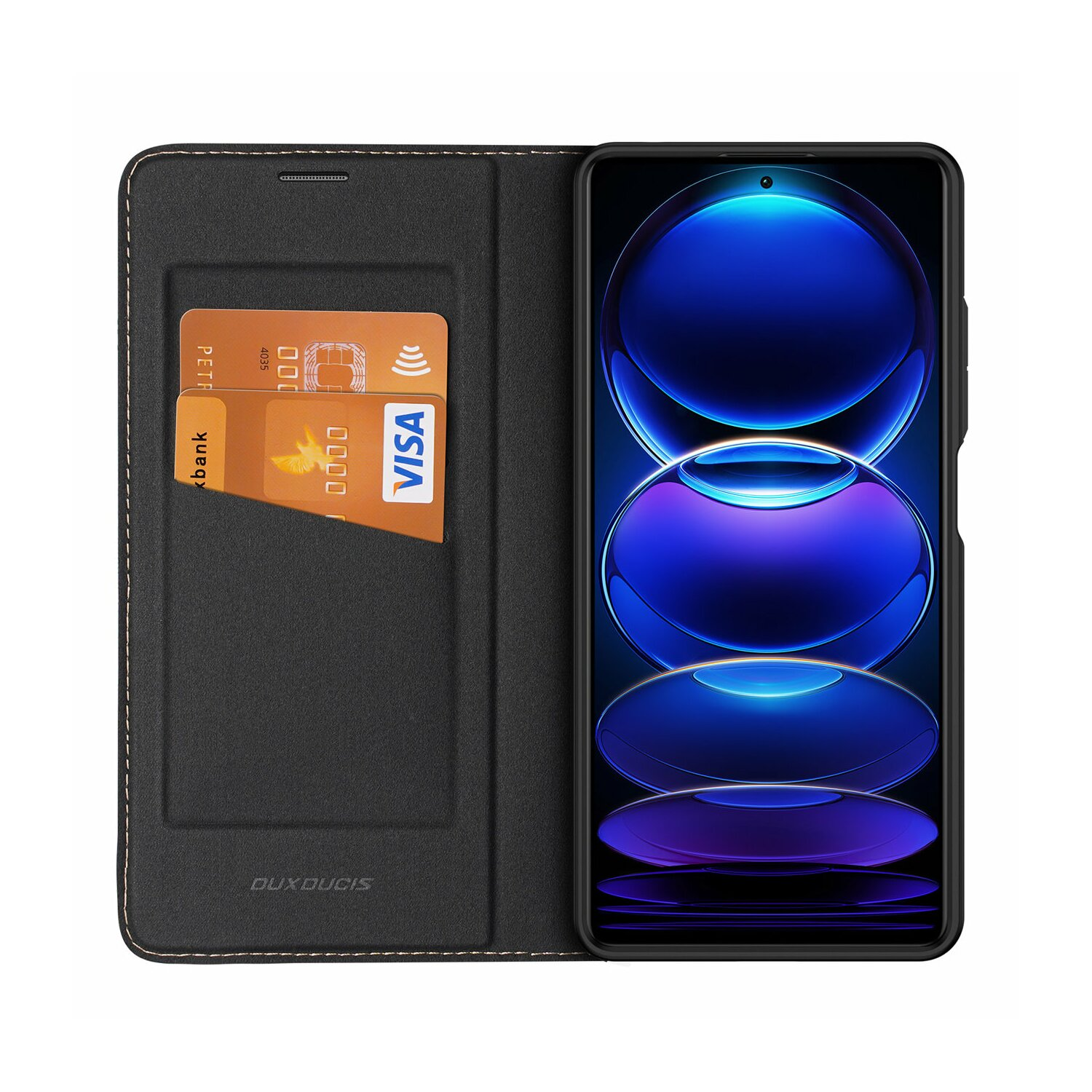 Schwarze Handyhülle mit Karten und Telefon.