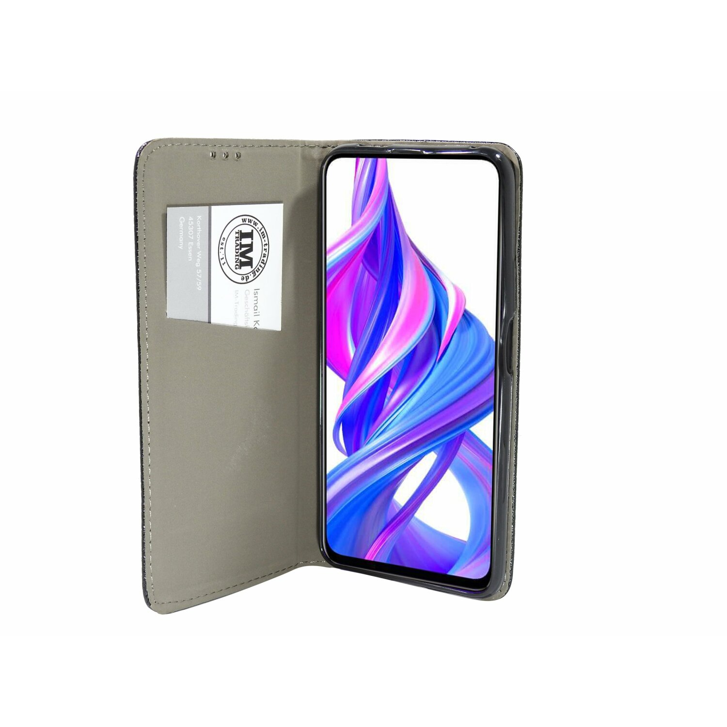 Un telefono in una custodia, con uno sfondo astratto colorato, è aperto su un tavolo.