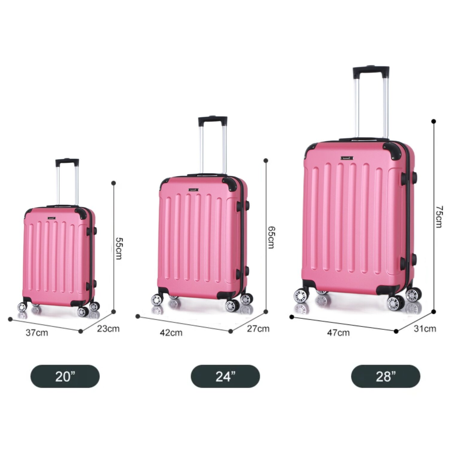 Drei rosa Koffer in verschiedenen Größen. Der größte ist 75 cm hoch, der kleinste 55 cm.