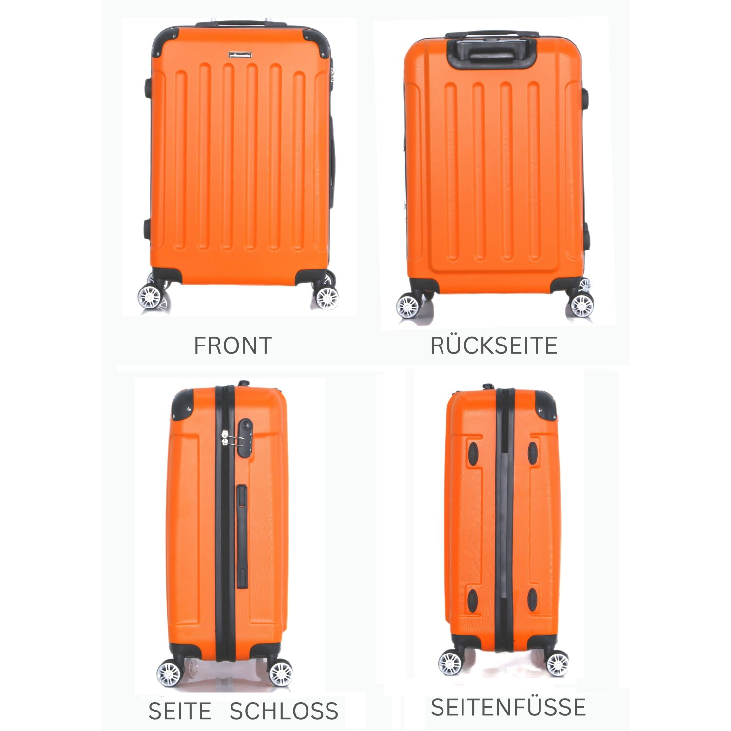 Vier Ansichten eines orangefarbenen Koffers. Vorder-, Rück-, Seiten- und Bodenansichten werden angezeigt.