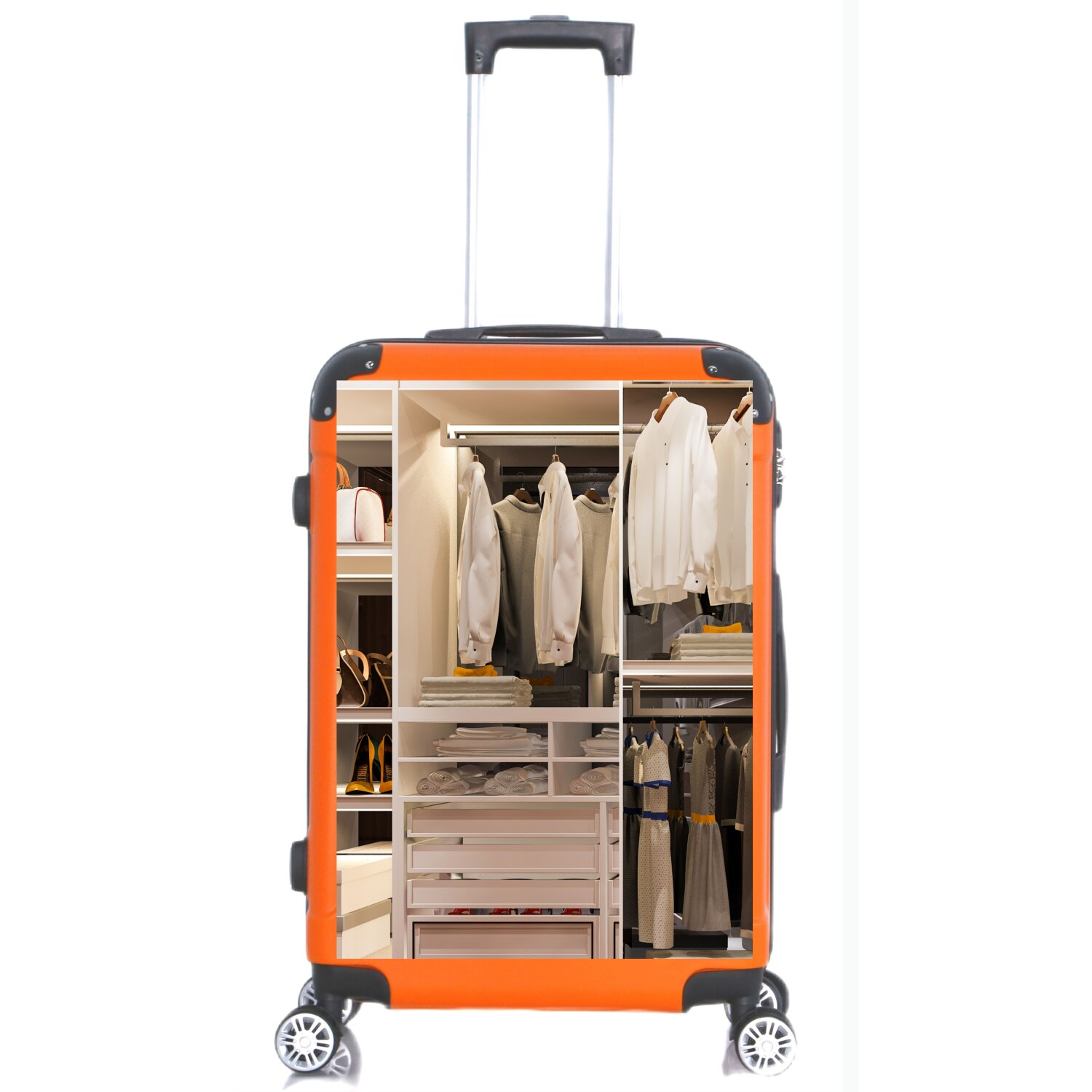 Ein orangefarbener Koffer mit Kleiderschrank-Innenraum.